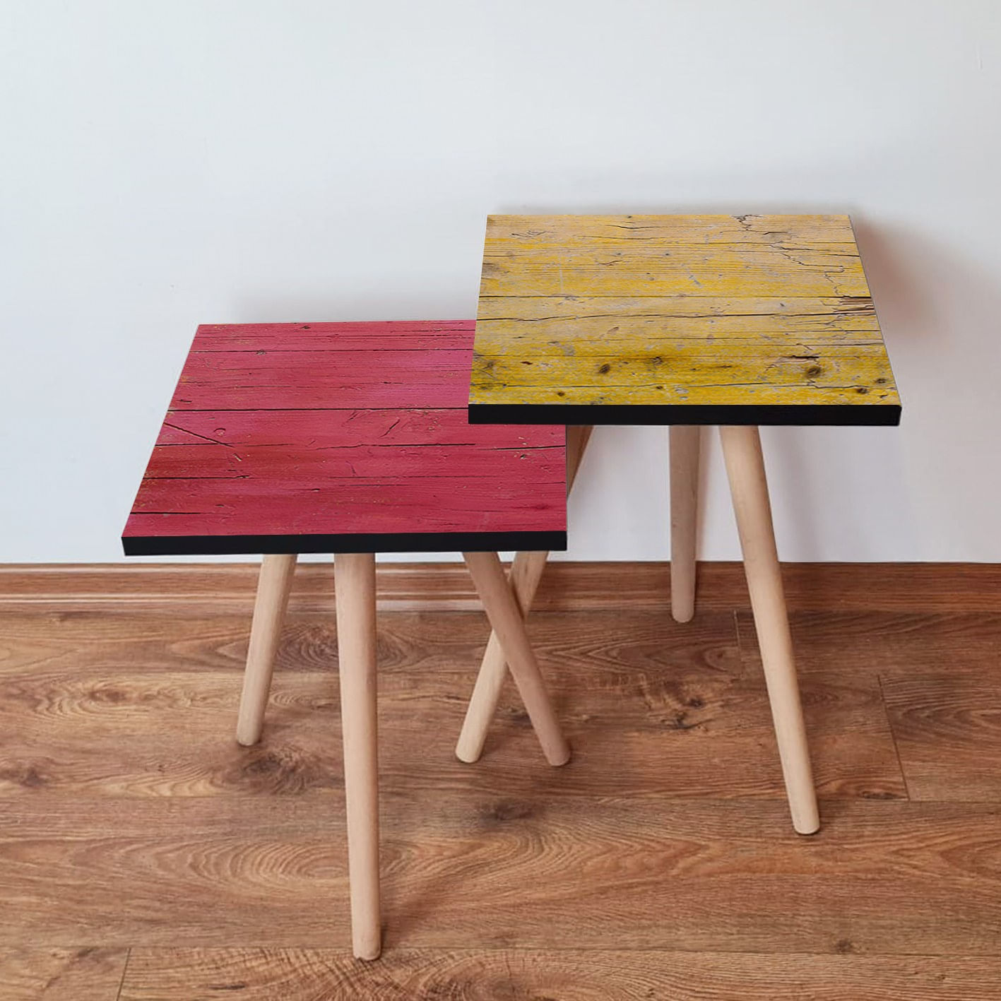 Set masute de cafea cuib, Hanah Home, mdf, roz si galben, 35x35x47 cm, picioare lemn fag