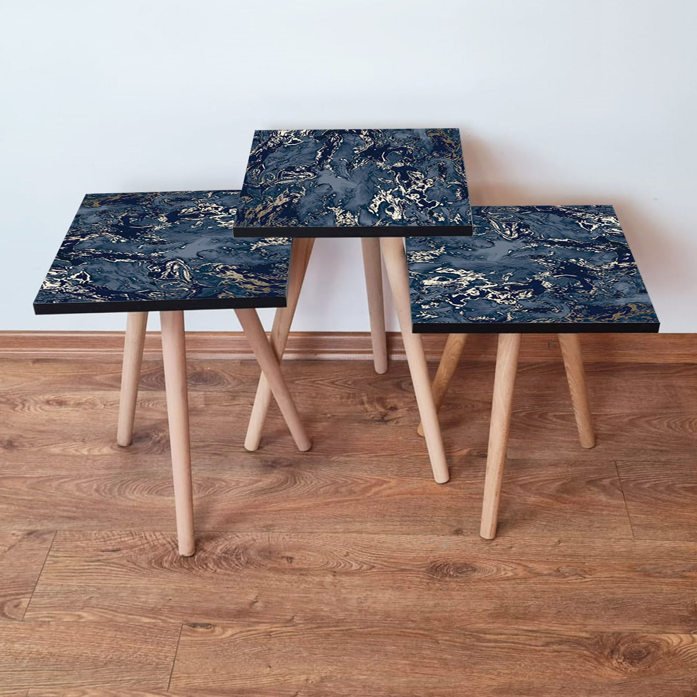 Set masute de cafea, Hanah Home, mdf, albastru marin gri bej, 35x35x52 cm