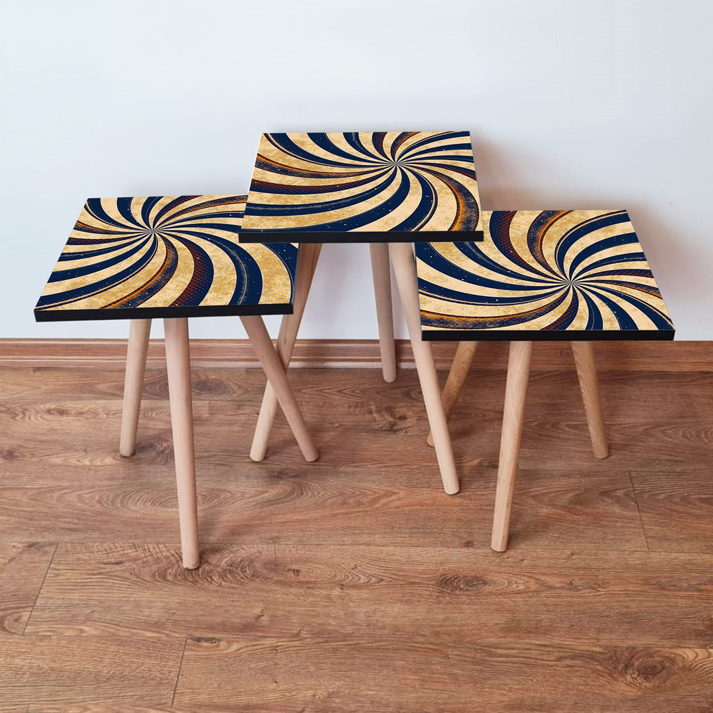Set masute de cafea, Hanah Home, mdf, albastru marin crem portocaliu, 3 piese, 35x35x52 cm