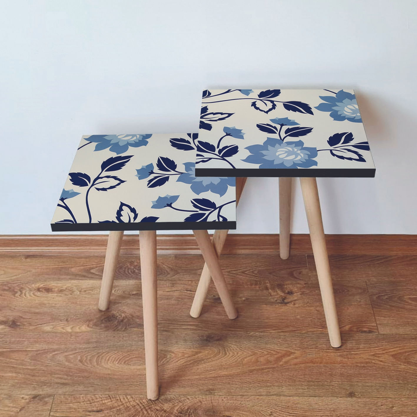 Set masute de cafea, Hanah Home, mdf, albastru marin, albastru, bej, 35x35x47 cm, 35x35x42 cm, picioare lemn fag
