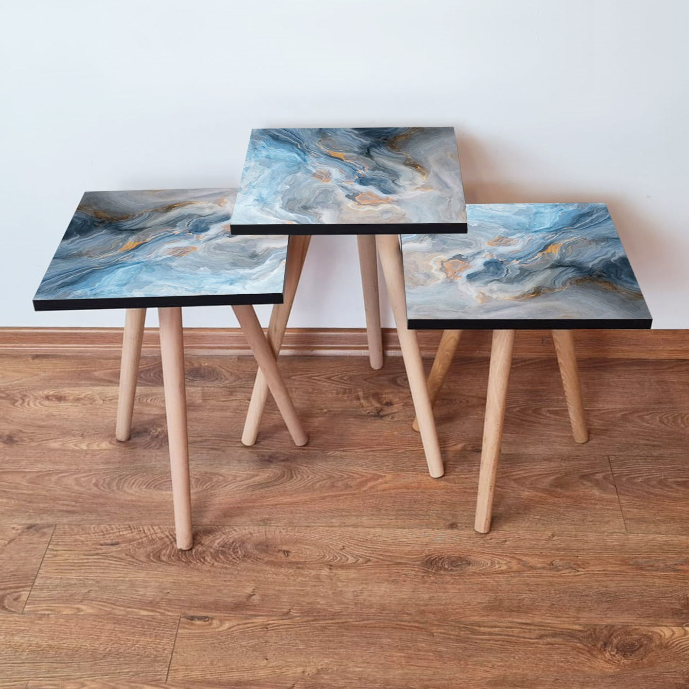 Set masute de cafea, Hanah Home, mdf, albastru gri portocaliu alb, 35x35x52 cm