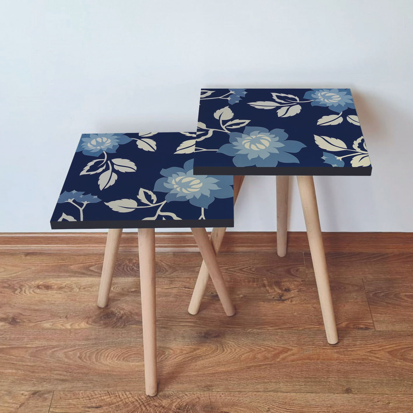 Set masute de cafea, Hanah Home, mdf, albastru marin si bej, 35x35x47 cm