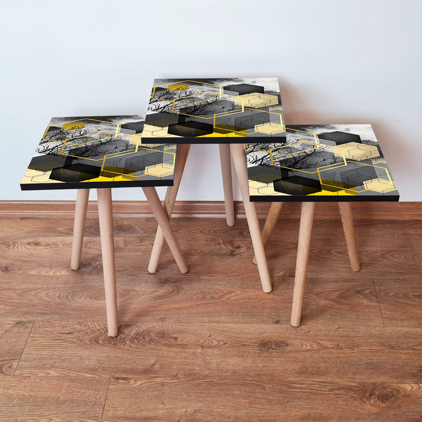 Set masute cuib, Hanah Home, mdf, negru gri auriu, 35x35x52 cm