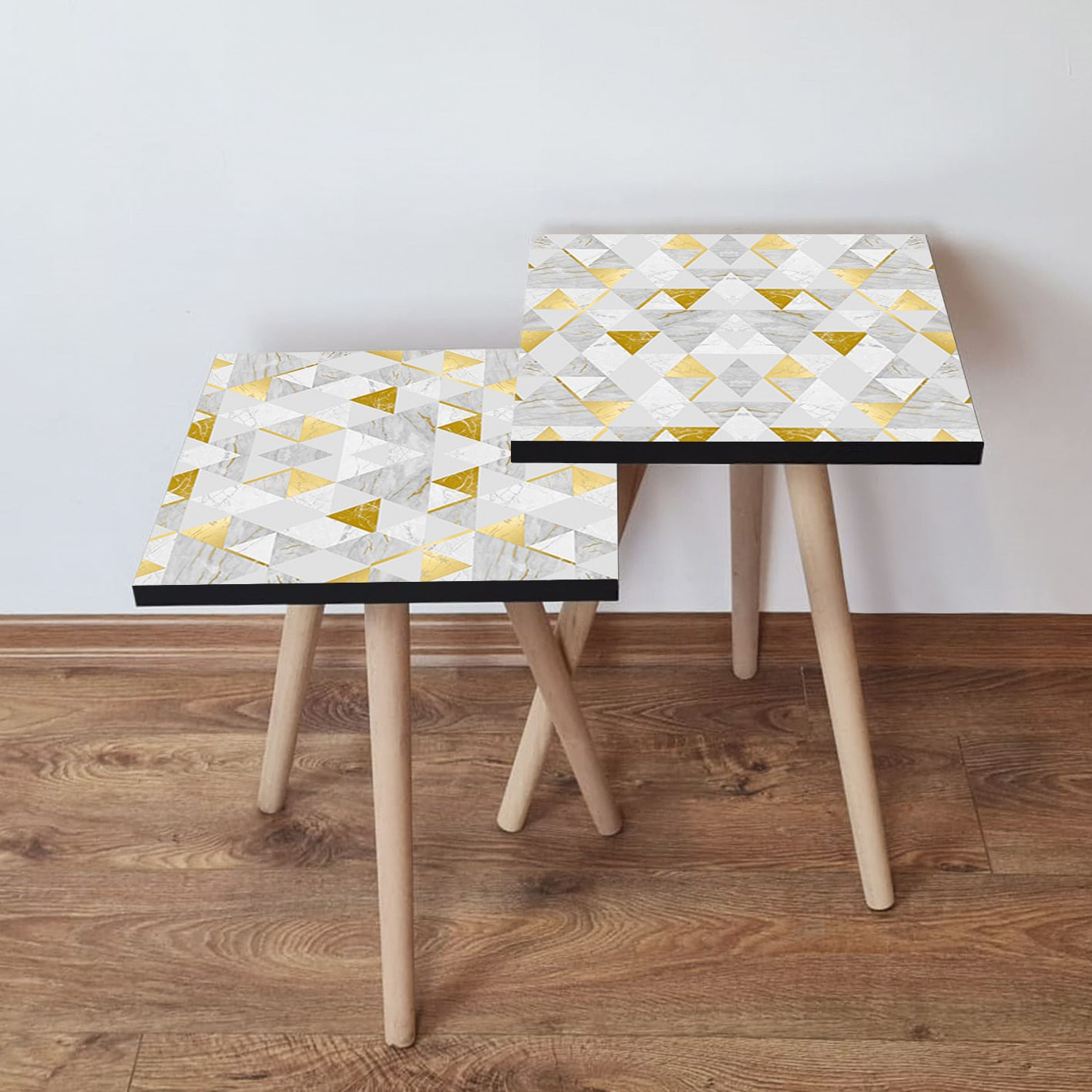 Set masute de cafea cuib, Hanah Home, mdf, gri auriu alb, 35x47x35 cm, picioare lemn fag