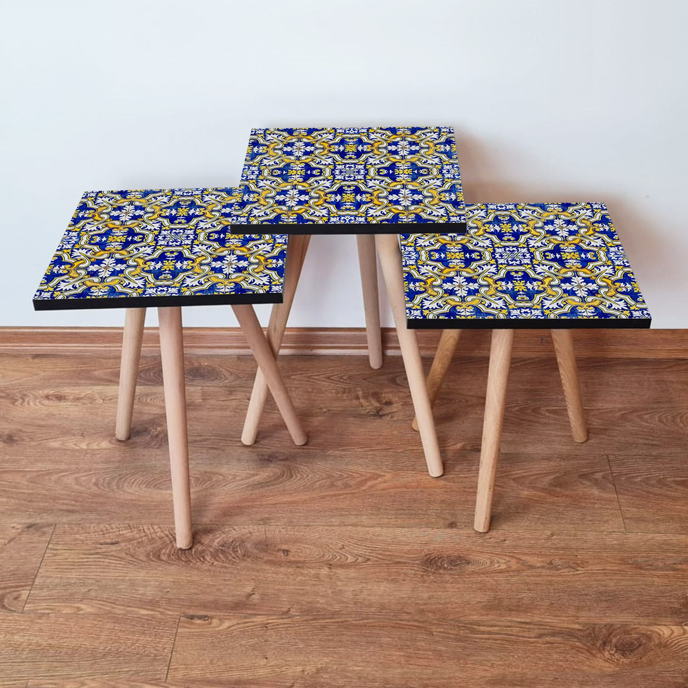 Set masute de cafea, Hanah Home, mdf, albastru marin alb galben, 35x35x52 cm