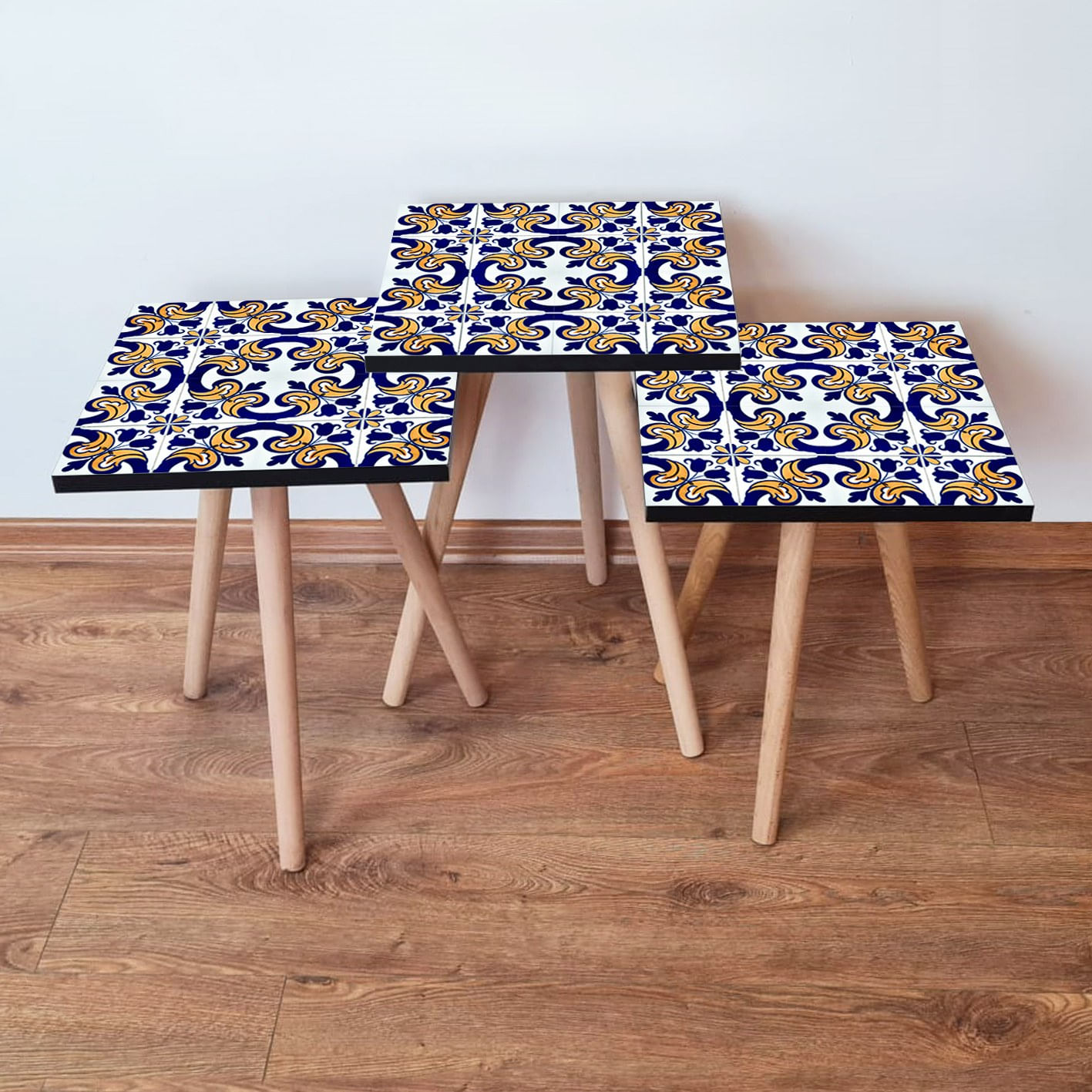Set masute de cafea, Hanah Home, mdf, alb, albastru marin, galben, 35x35x52 cm