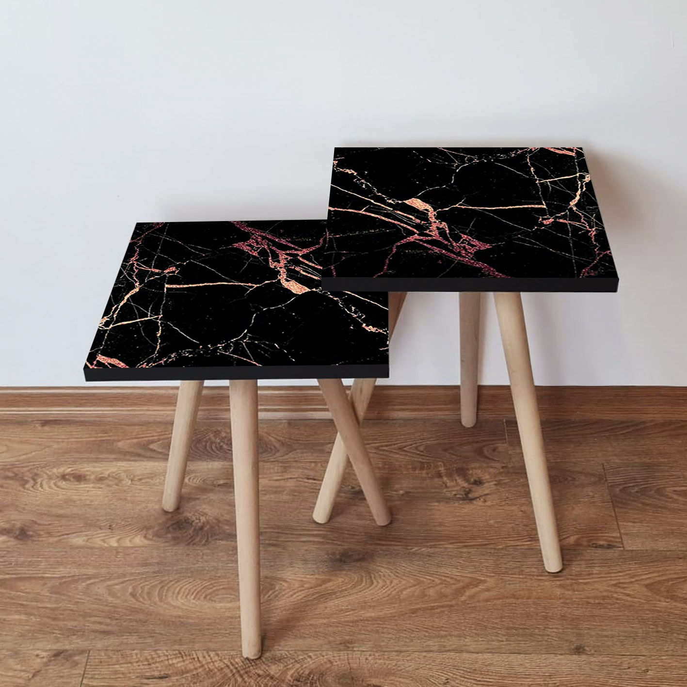 Set masute de cafea, Hanah Home, mdf, negru roz somon, 35x35x47 cm, 35x35x42 cm