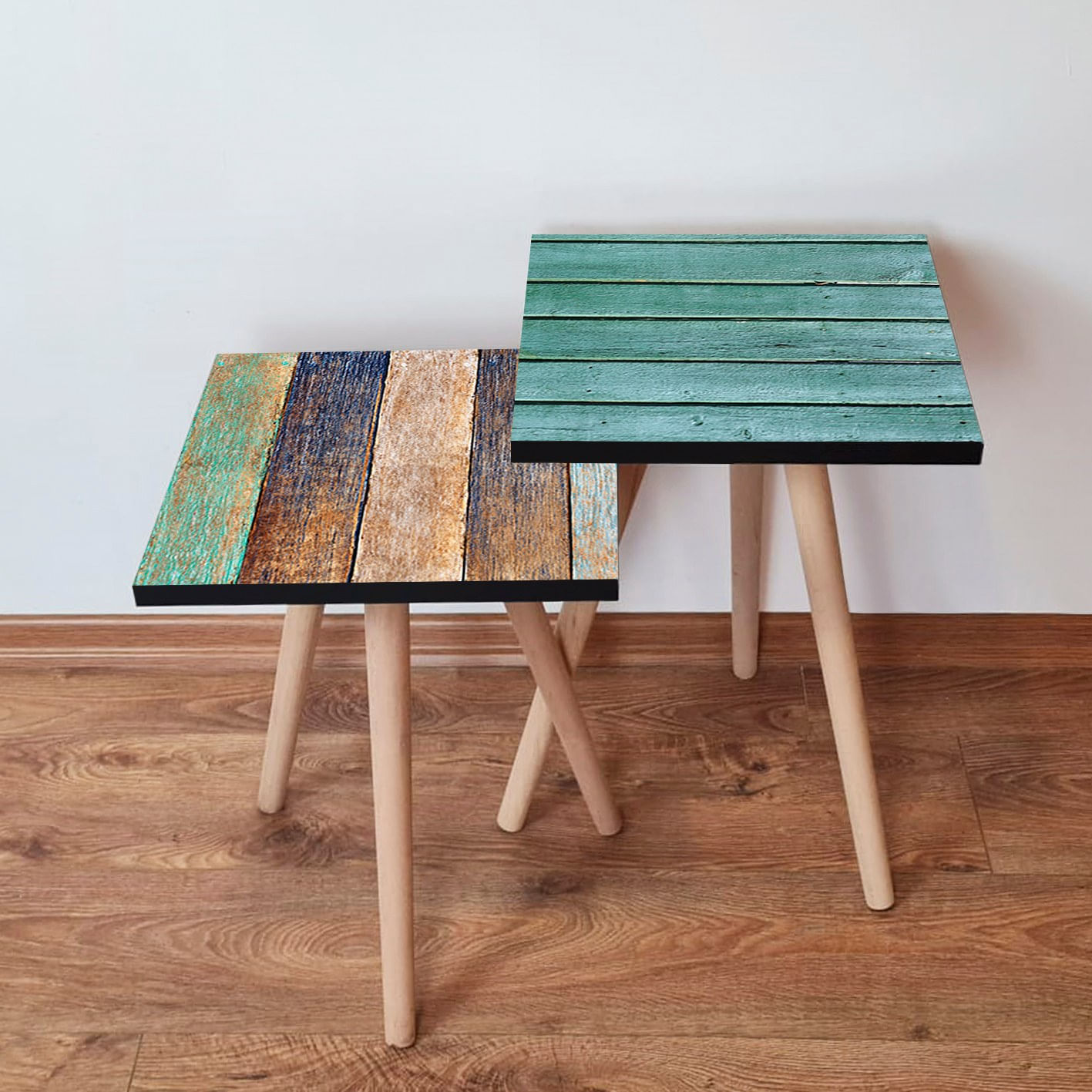 Set masute de cafea, Hanah Home, mdf, albastru verde maro bej, 35x47x35 cm, 35x42x35 cm