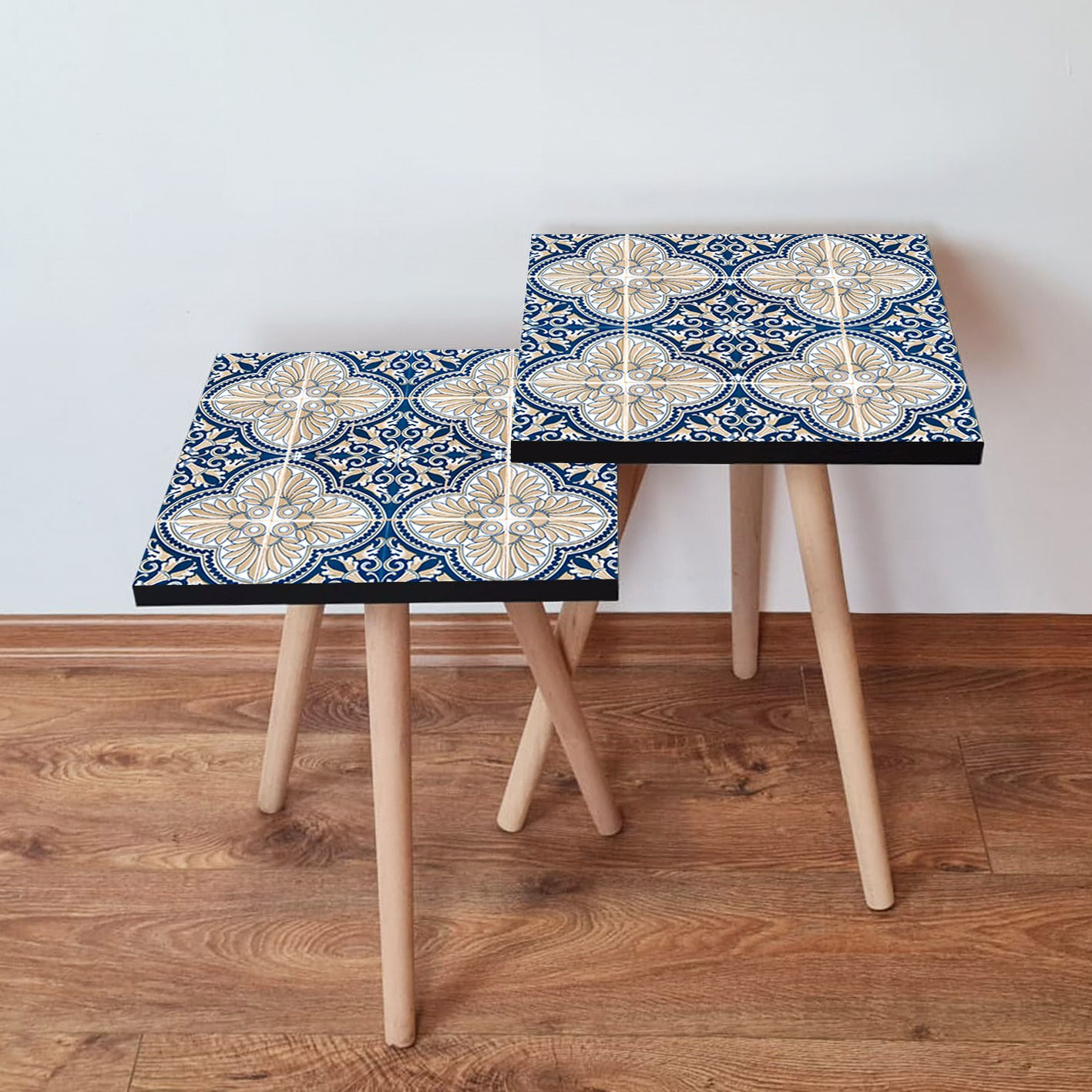 Set masute de cafea, Hanah Home, mdf, albastru marin alb crem, 35x35x47 cm