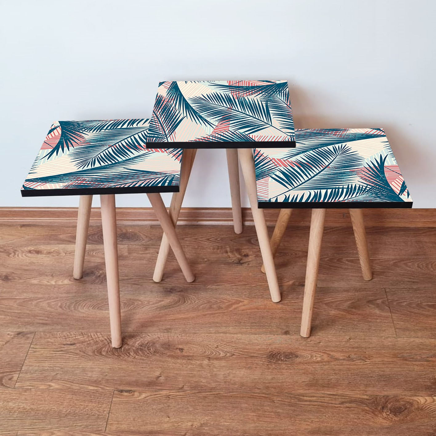 Set masute de cafea, Hanah Home, mdf, albastru marin, somon, crem, 35x35x52 cm