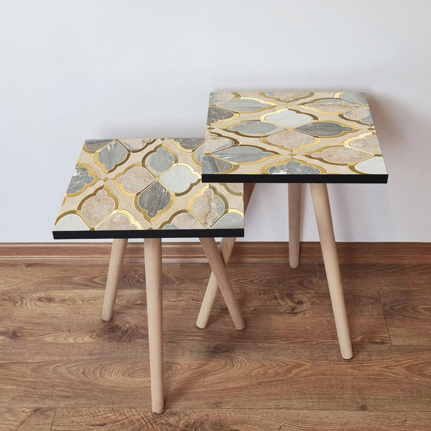 Set masute de cafea, Hanah Home, mdf, bej auriu gri, 35x35x47 cm, picioare lemn fag