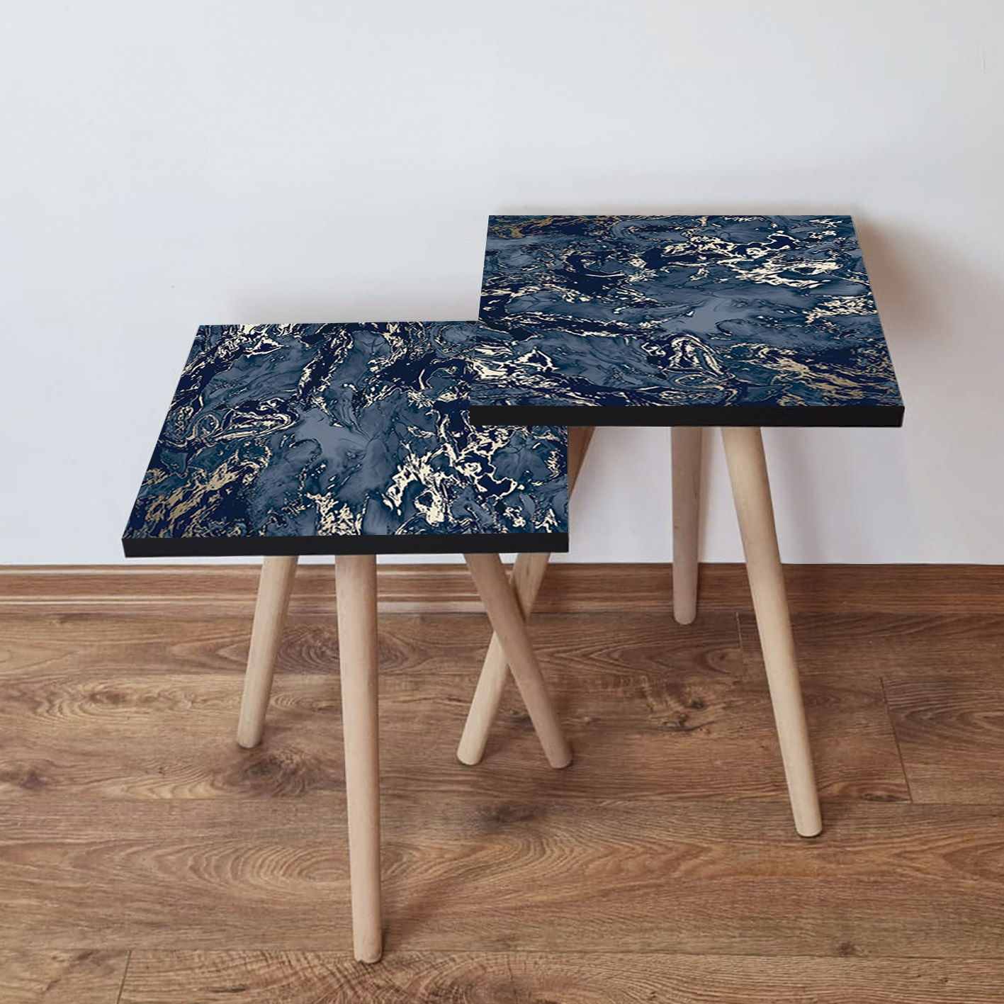 Set masute de cafea, Hanah Home, mdf, albastru marin gri alb, 35x35x47 cm