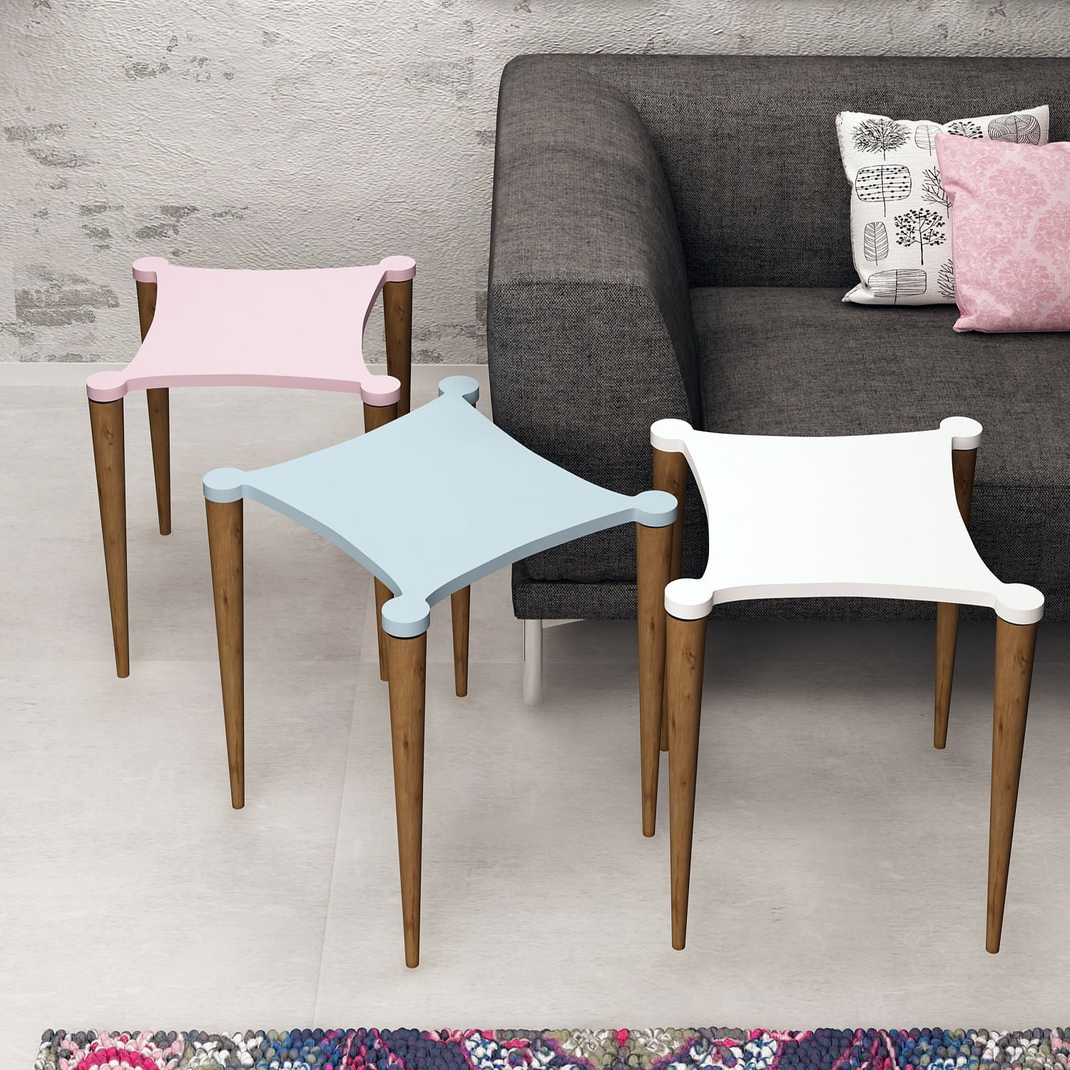 Set masute de cafea, Hanah Home, pal melaminat, alb/roz/albastru/nuc, 3 piese, 50x52/55/58x50 cm — imaginea 2