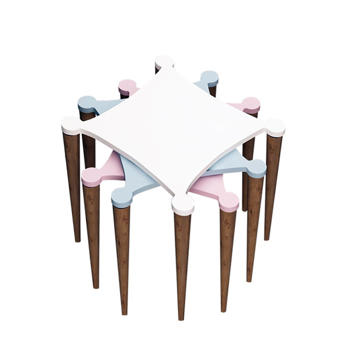 Set masute de cafea, Hanah Home, pal melaminat, alb/roz/albastru/nuc, 3 piese, 50x52/55/58x50 cm — imaginea 3