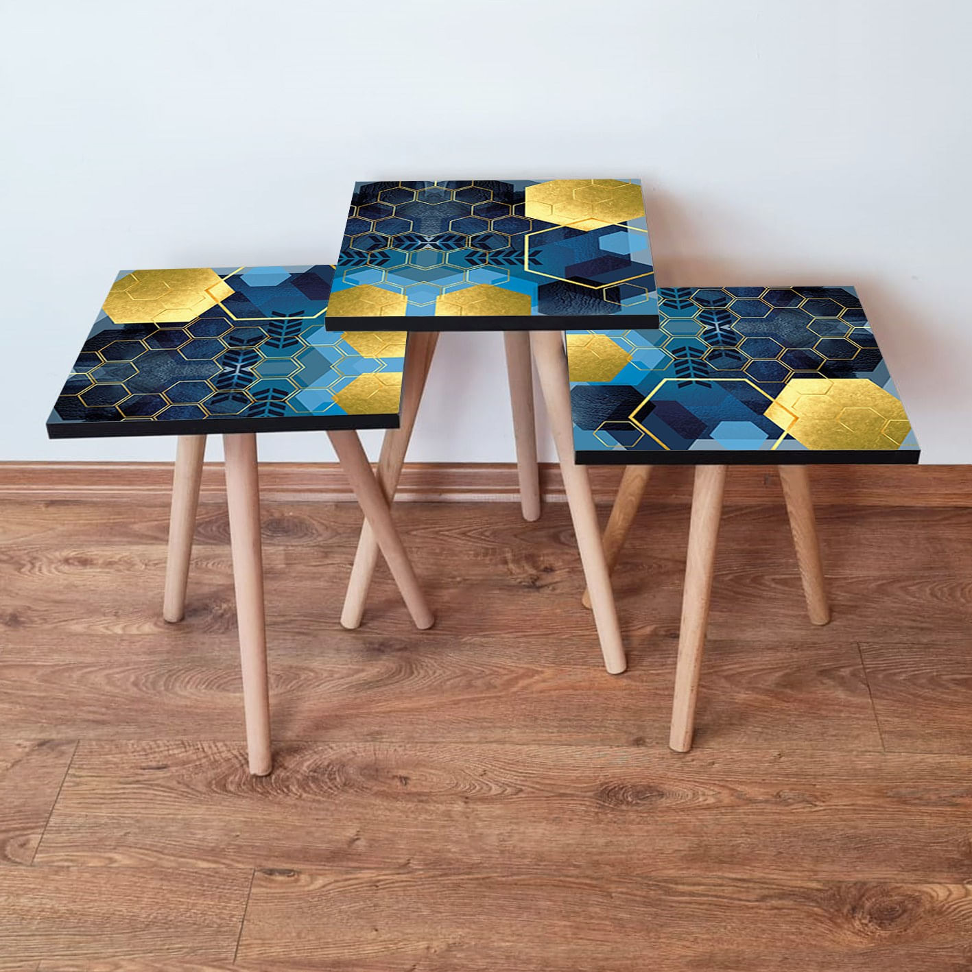 Set masute de cafea, Hanah Home, 3 piese, mdf, albastru marin, albastru, auriu, 35x35x52 cm