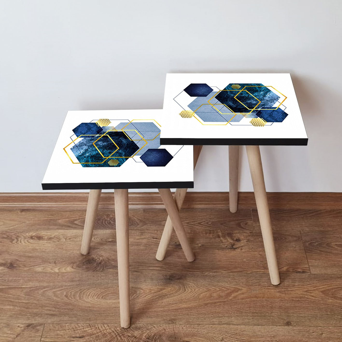 Set masute de cafea, Hanah Home, mdf, albastru marin, auriu, alb, 35x47x35 cm, picioare lemn fag