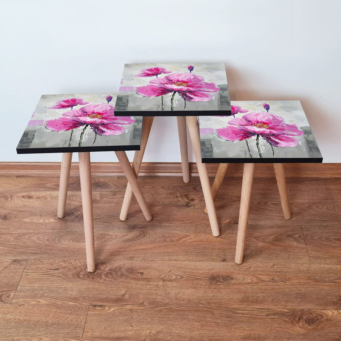 Set masute de cafea, Hanah Home, mdf, gri roz mov galben, 35x35x52 cm, picioare lemn de fag