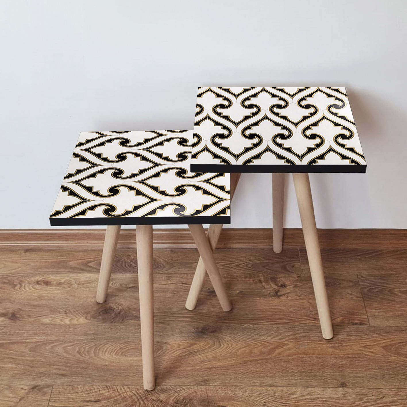 Set masute de cafea, Hanah Home, mdf, alb negru auriu, 35x35x47 cm