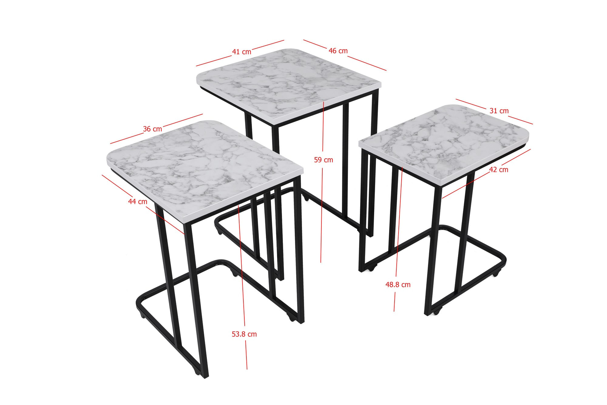 Set masute cuib, Hanah Home, metal si mdf, alb si negru, 41x46x48.8 cm, 36x44x53.8 cm, 31x42x59 cm — imaginea 4
