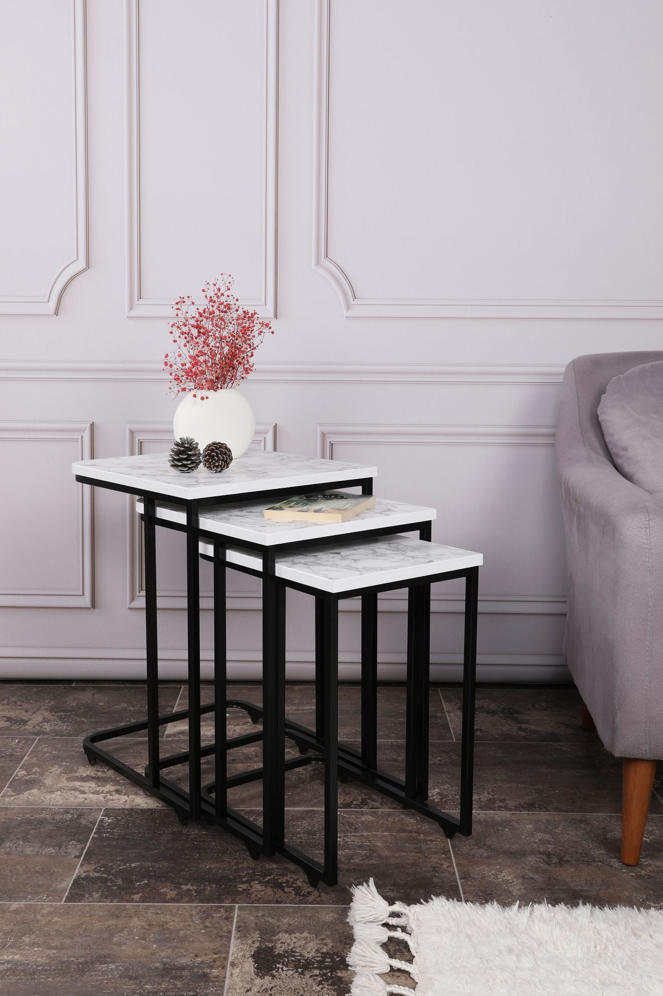 Set masute cuib, Hanah Home, metal si mdf, alb si negru, 41x46x48.8 cm, 36x44x53.8 cm, 31x42x59 cm — imaginea 10