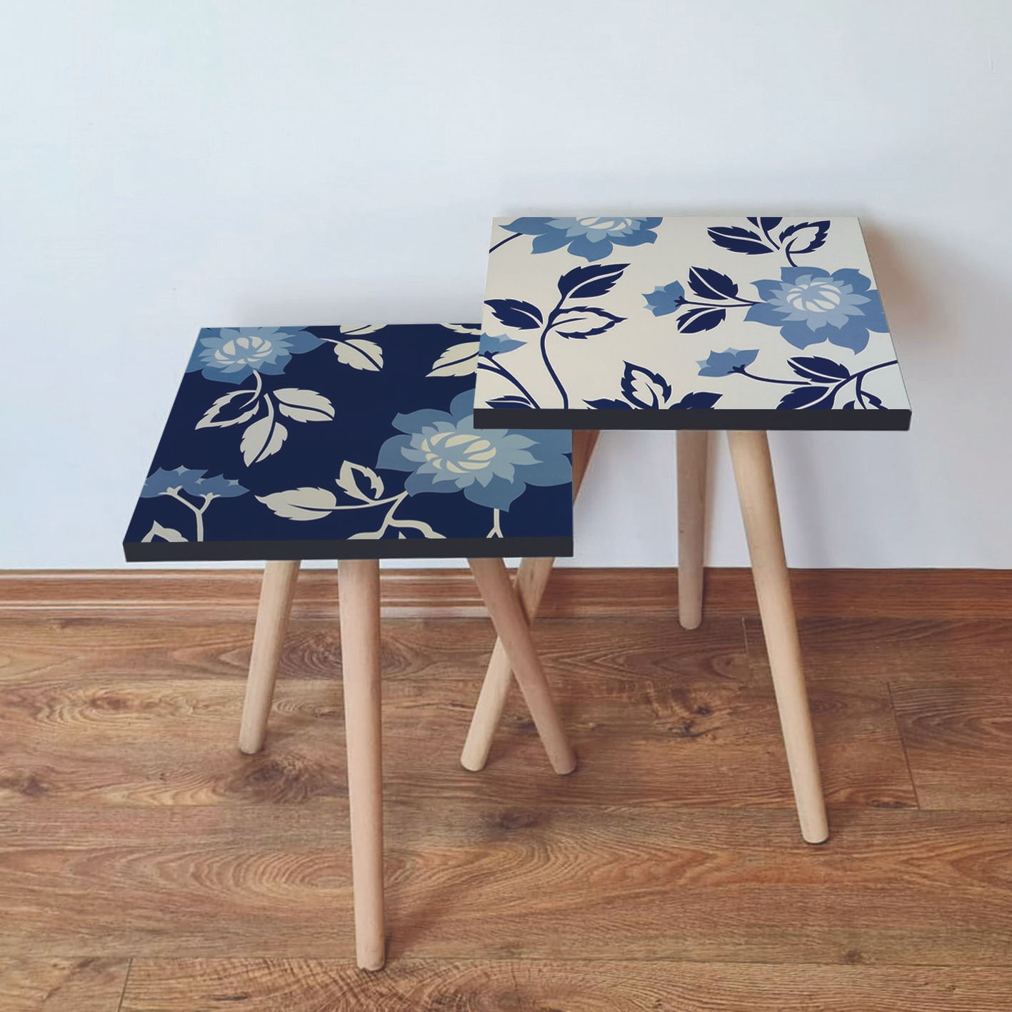 Set masute de cafea, Hanah Home, mdf, albastru marin si bej, 35x35x47 cm, picioare lemn fag