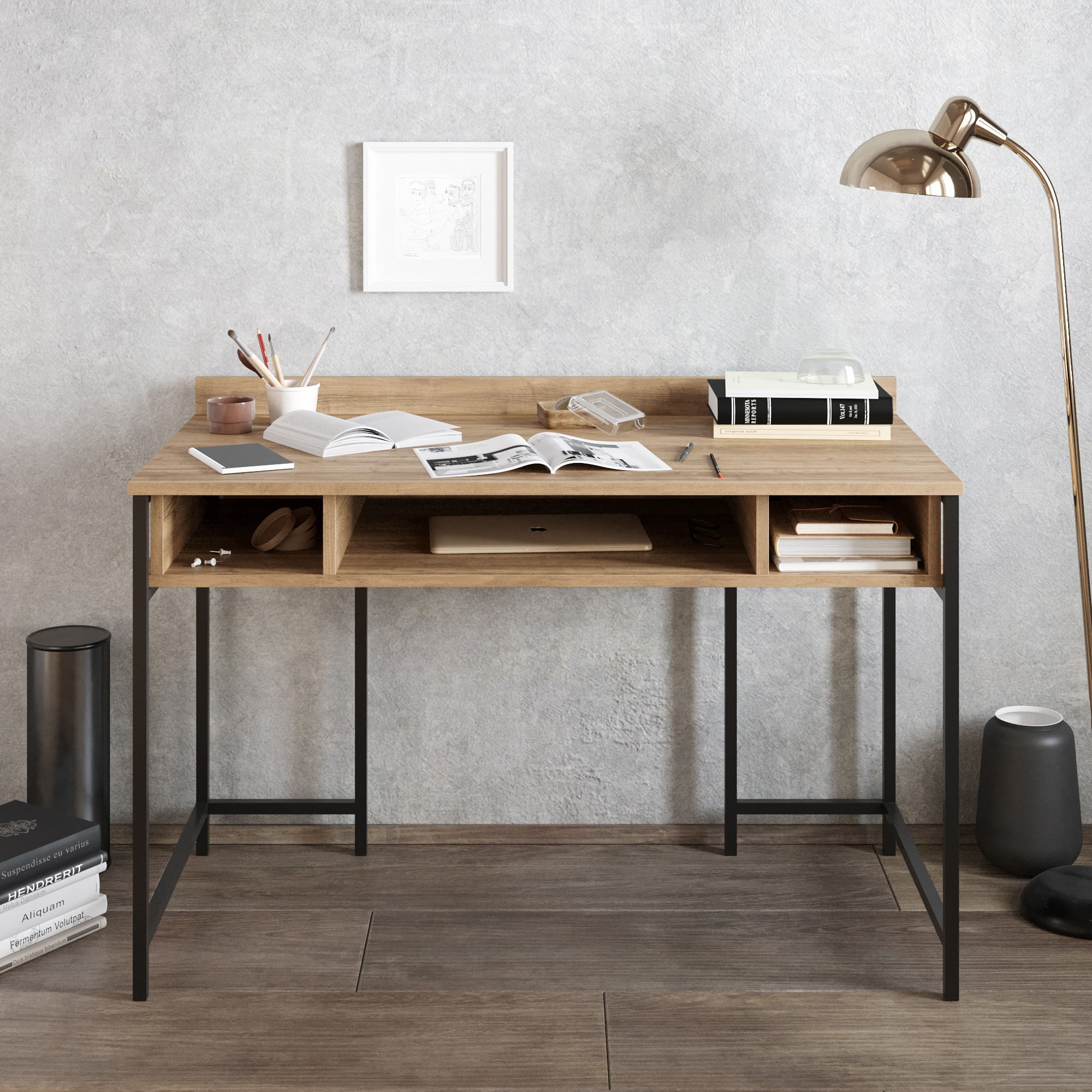 Birou, Hanah Home, pal melaminat, negru si nuc, 119.5x62x65.2 cm — imaginea 2