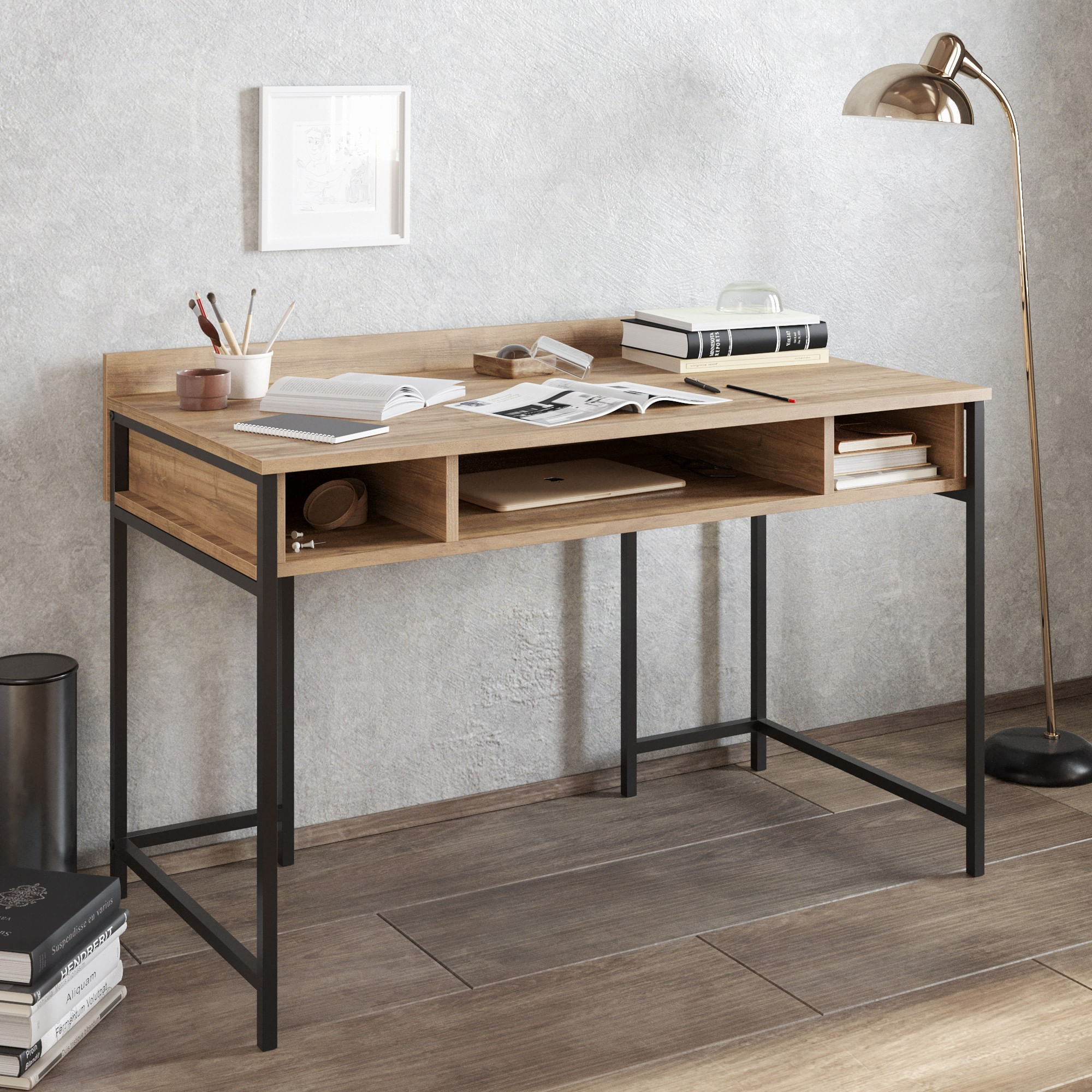 Birou, Hanah Home, pal melaminat, negru si nuc, 119.5x62x65.2 cm — imaginea 3