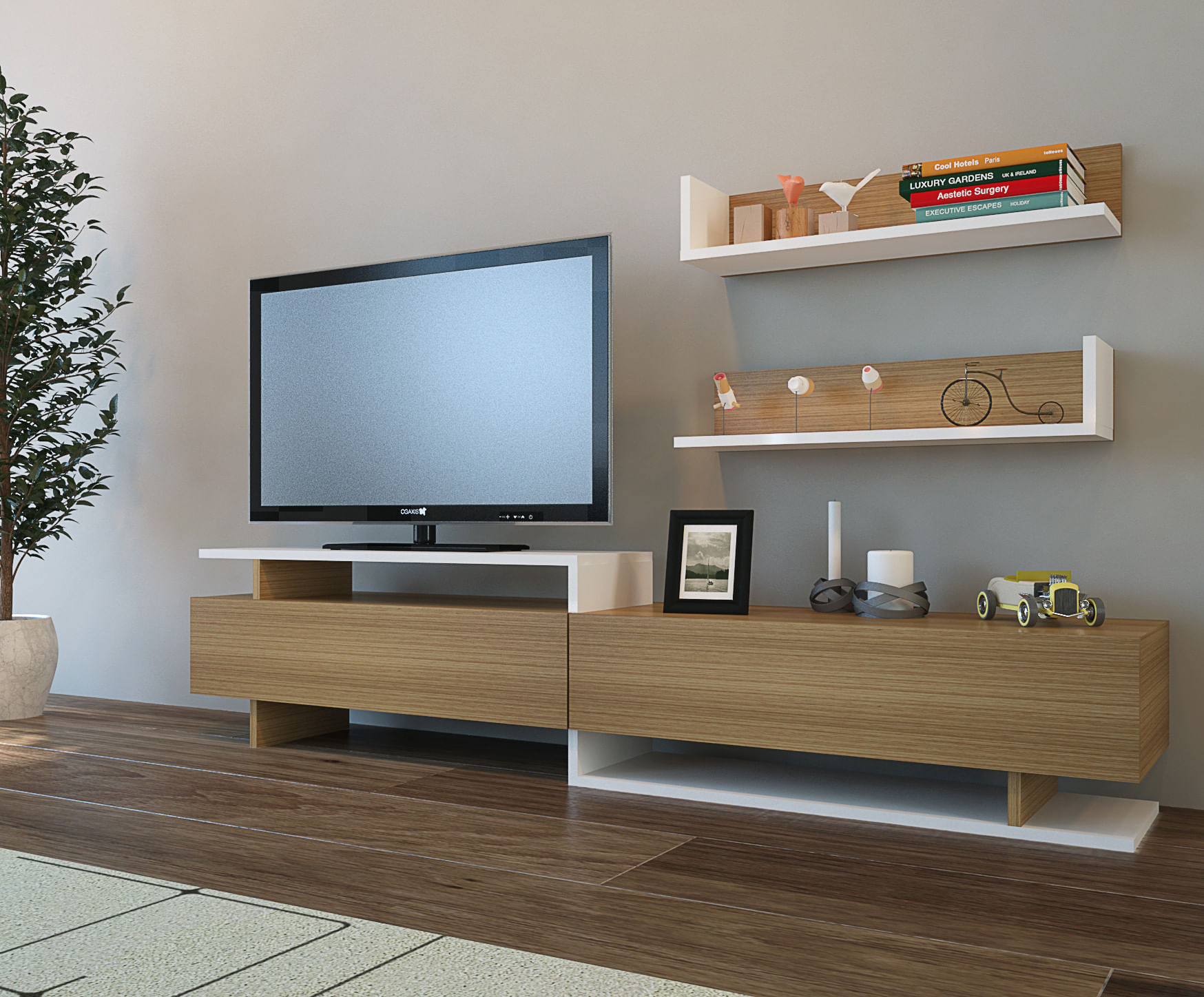 Comoda tv, Hanah Home, pal melaminat, alb si teak, 180x40x37.4 cm — imaginea 3