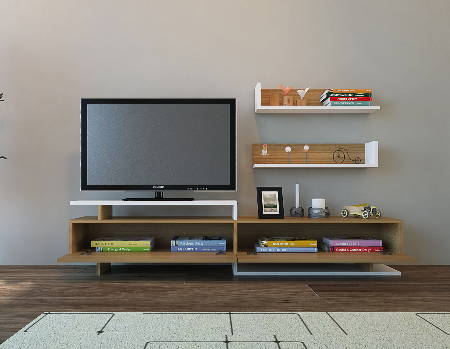 Comoda tv, Hanah Home, pal melaminat, alb si teak, 180x40x37.4 cm — imaginea 7