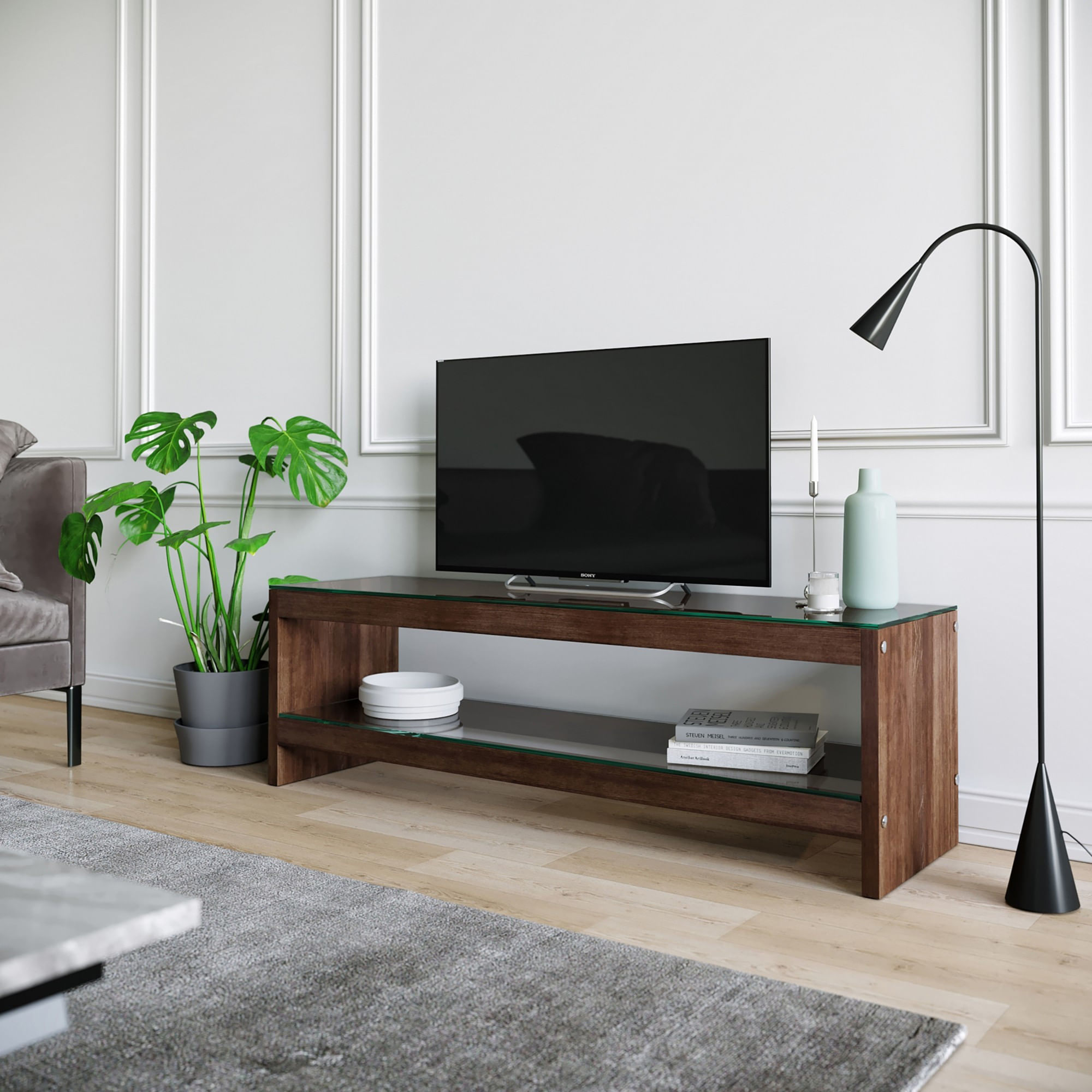 Comoda tv, Hanah Home, lemn masiv de pin, sticla calita, nuc, 140x45x40 cm — imaginea 3