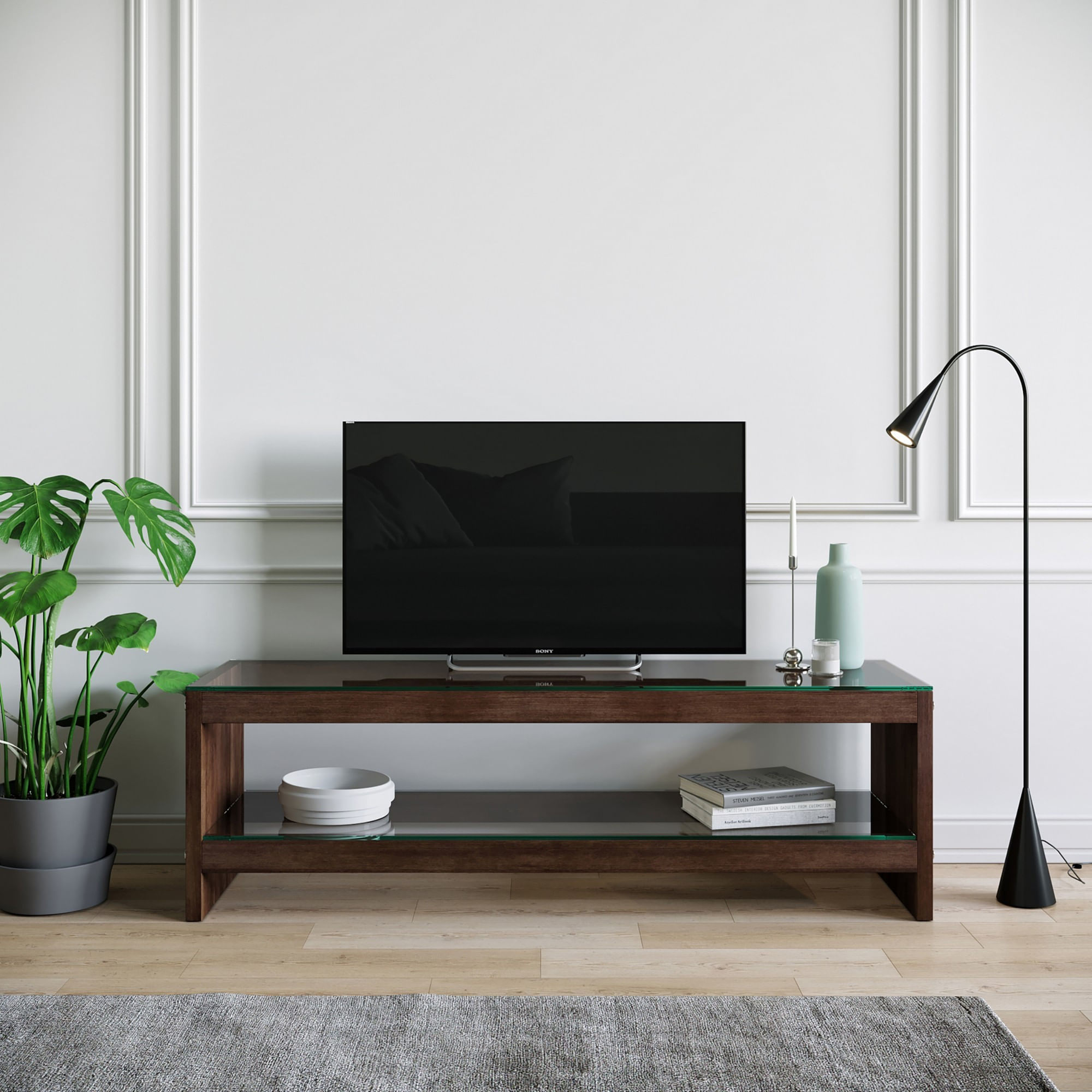 Comoda tv, Hanah Home, lemn masiv de pin, sticla calita, nuc, 140x45x40 cm — imaginea 4