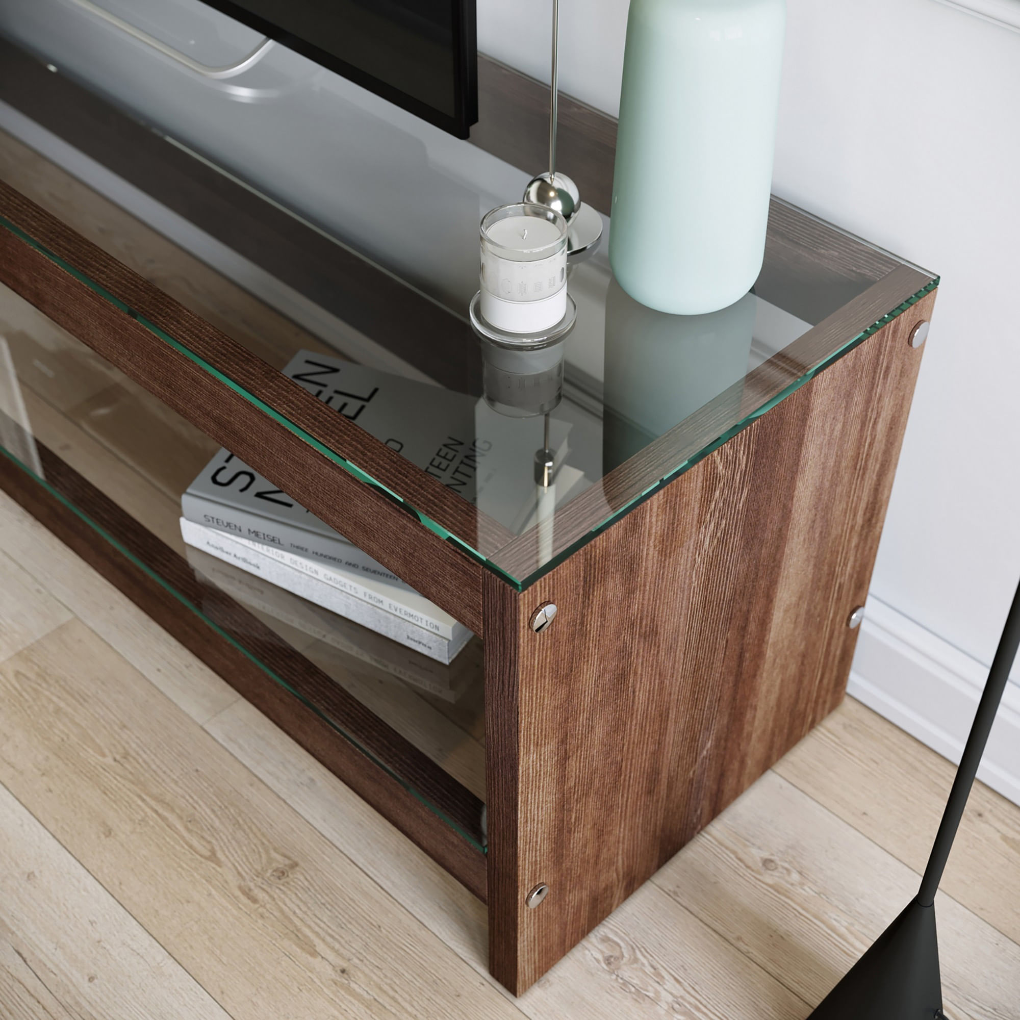 Comoda tv, Hanah Home, lemn masiv de pin, sticla calita, nuc, 140x45x40 cm — imaginea 5