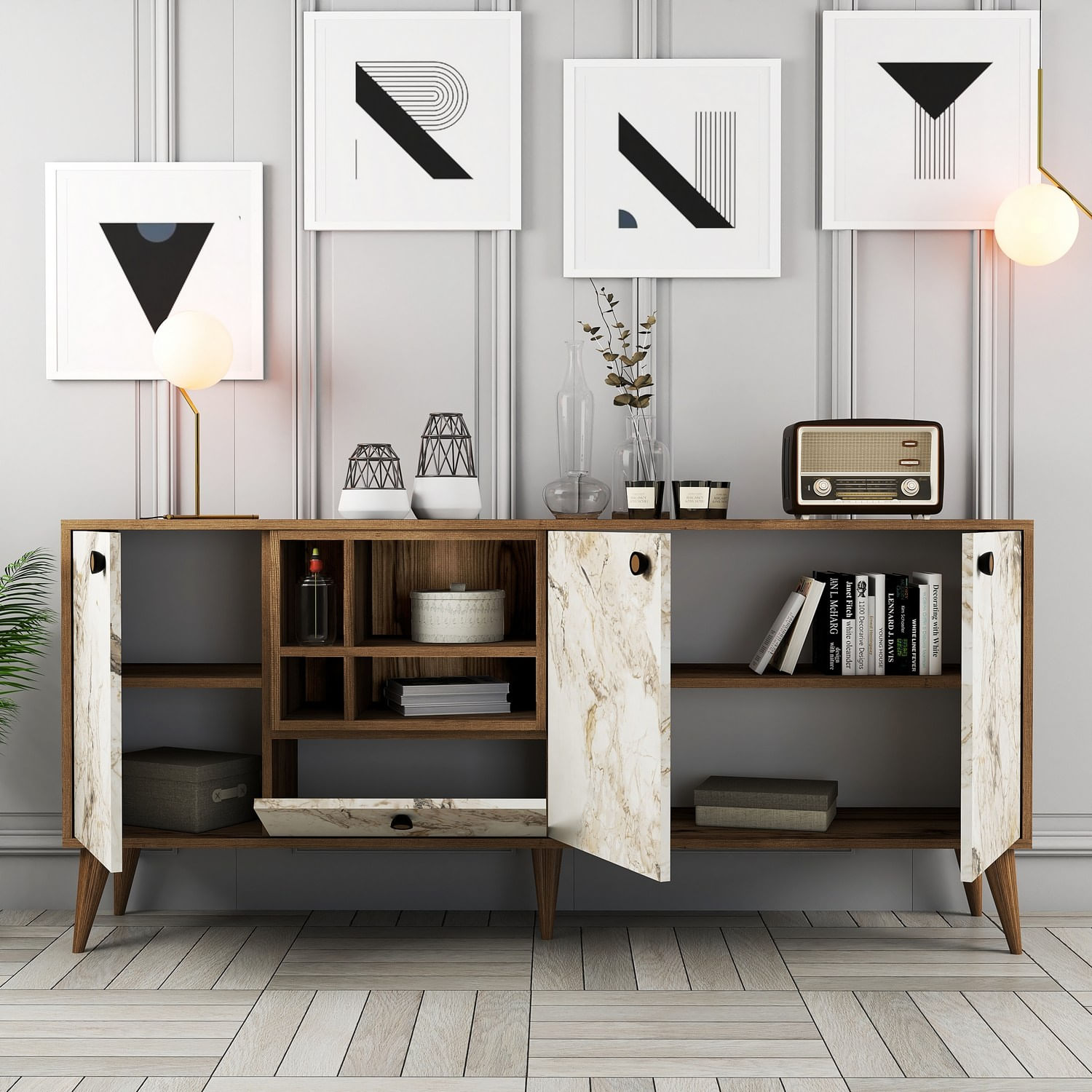 Consola, Hanah Home, panou aglomerat cu melamina, marmura alba si nuc, 180x35x81 cm — imaginea 2