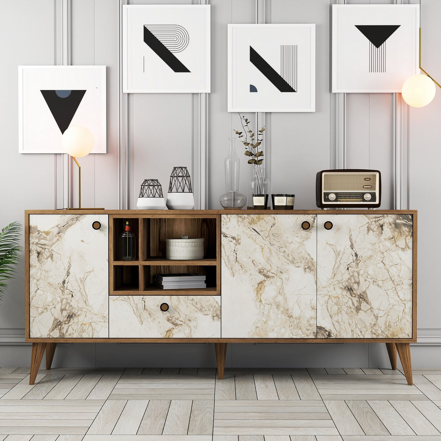 Consola, Hanah Home, panou aglomerat cu melamina, marmura alba si nuc, 180x35x81 cm — imaginea 3