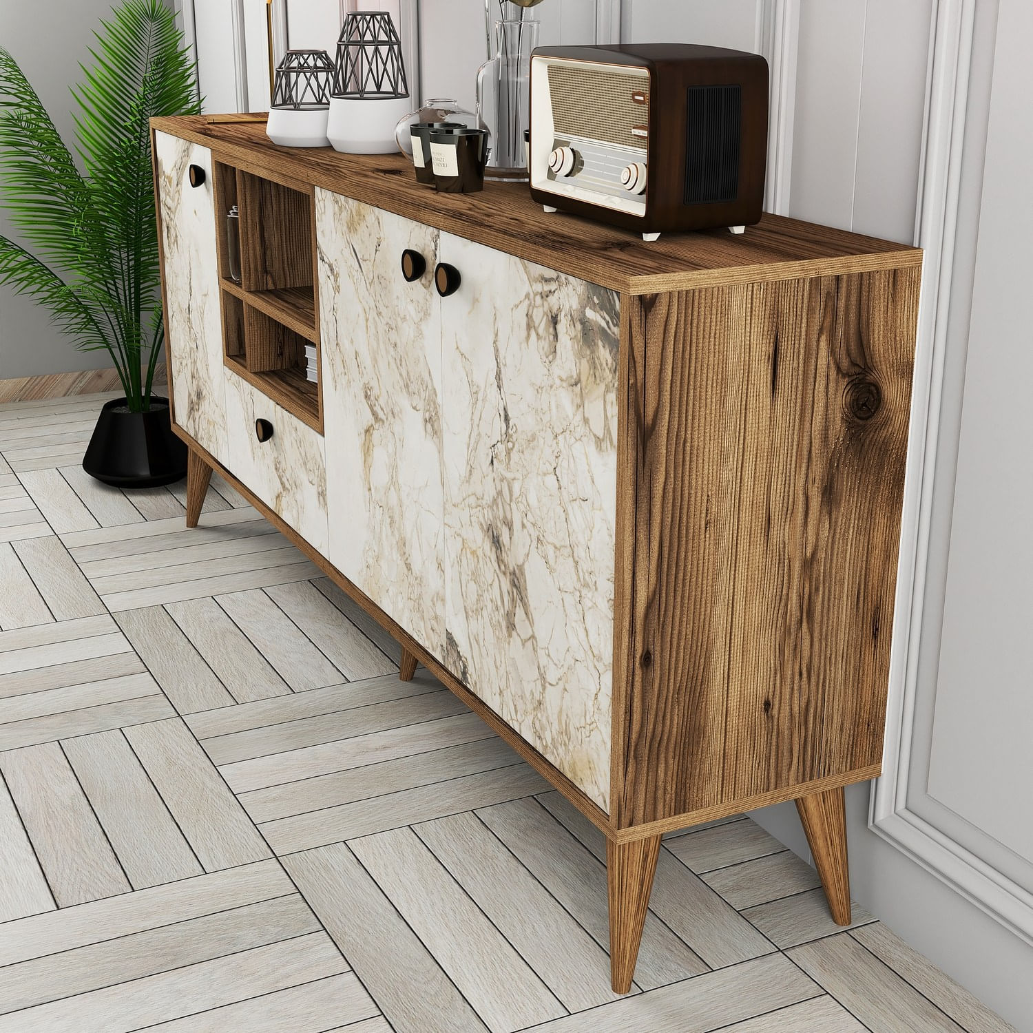 Consola, Hanah Home, panou aglomerat cu melamina, marmura alba si nuc, 180x35x81 cm — imaginea 5