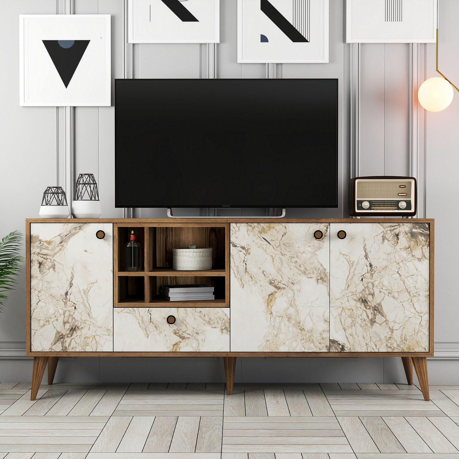 Consola, Hanah Home, panou aglomerat cu melamina, marmura alba si nuc, 180x35x81 cm — imaginea 7