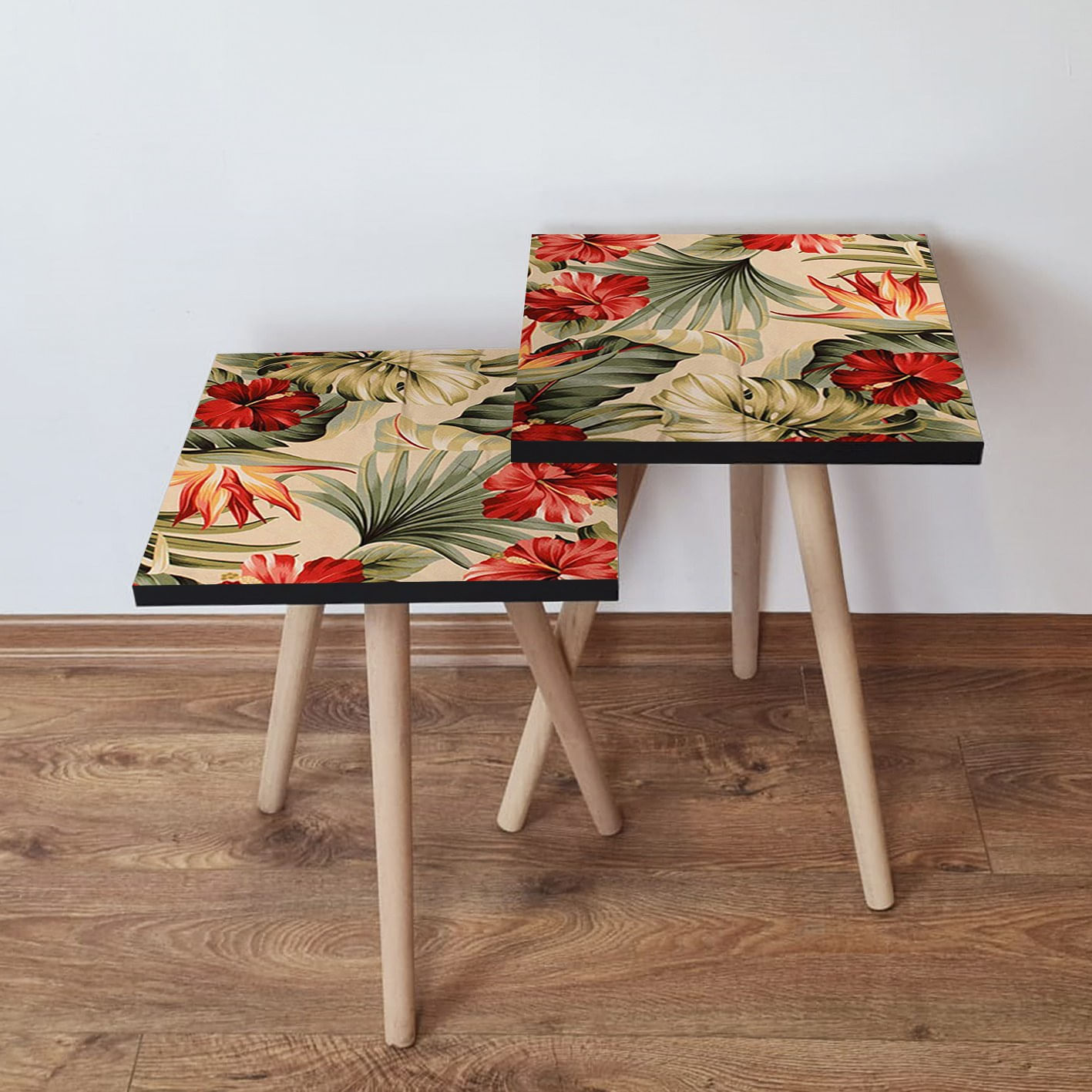 Set masute de cafea, Hanah Home, mdf, bej verde portocaliu rosu, 35x35x47 cm, picioare lemn fag