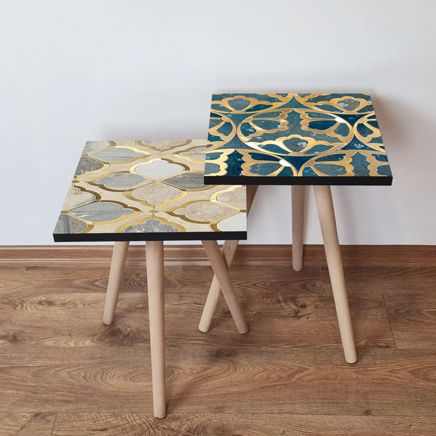 Set masute de cafea, Hanah Home, mdf, albastru marin, gri, auriu, bej, picioare lemn fag, 35x35x47 cm, 2 piese