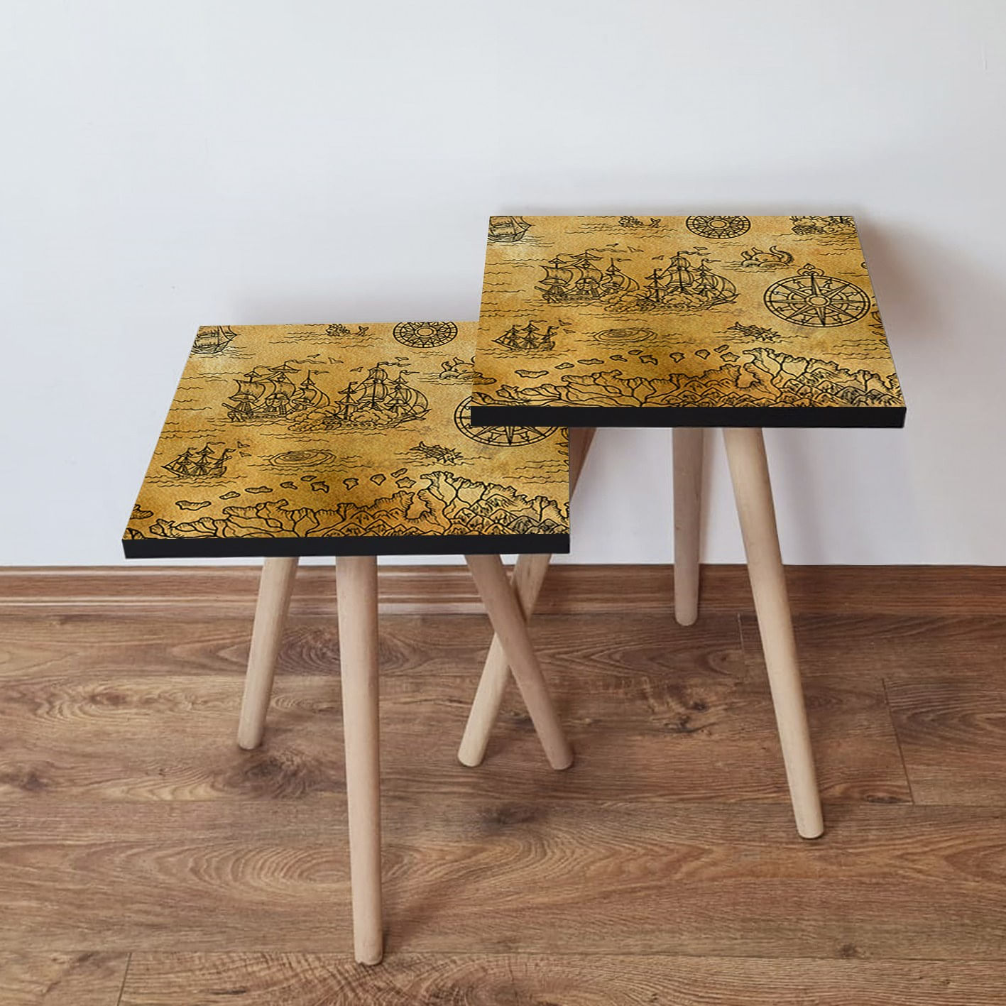 Set masute de cafea, Hanah Home, mdf, camel si negru, 35x35x47 cm, picioare lemn fag
