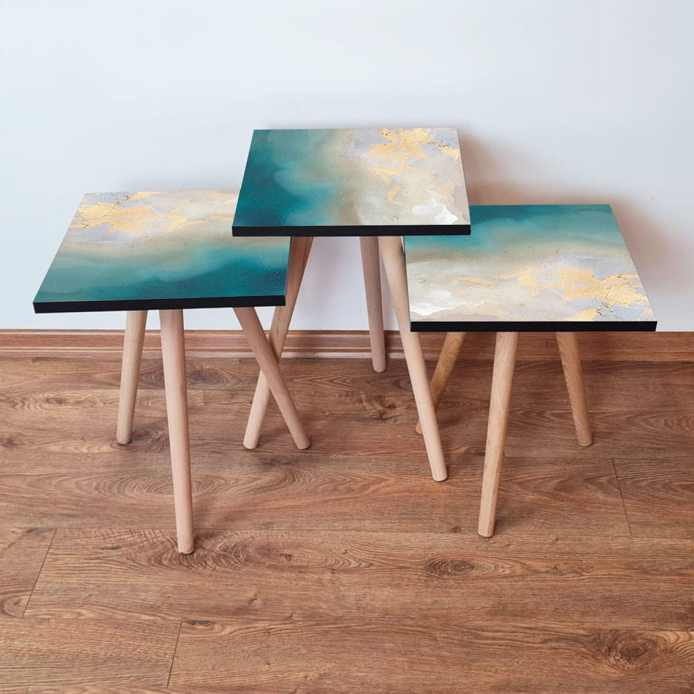 Set masute de cafea, Hanah Home, mdf, albastru gri crem, 35x35x52 cm