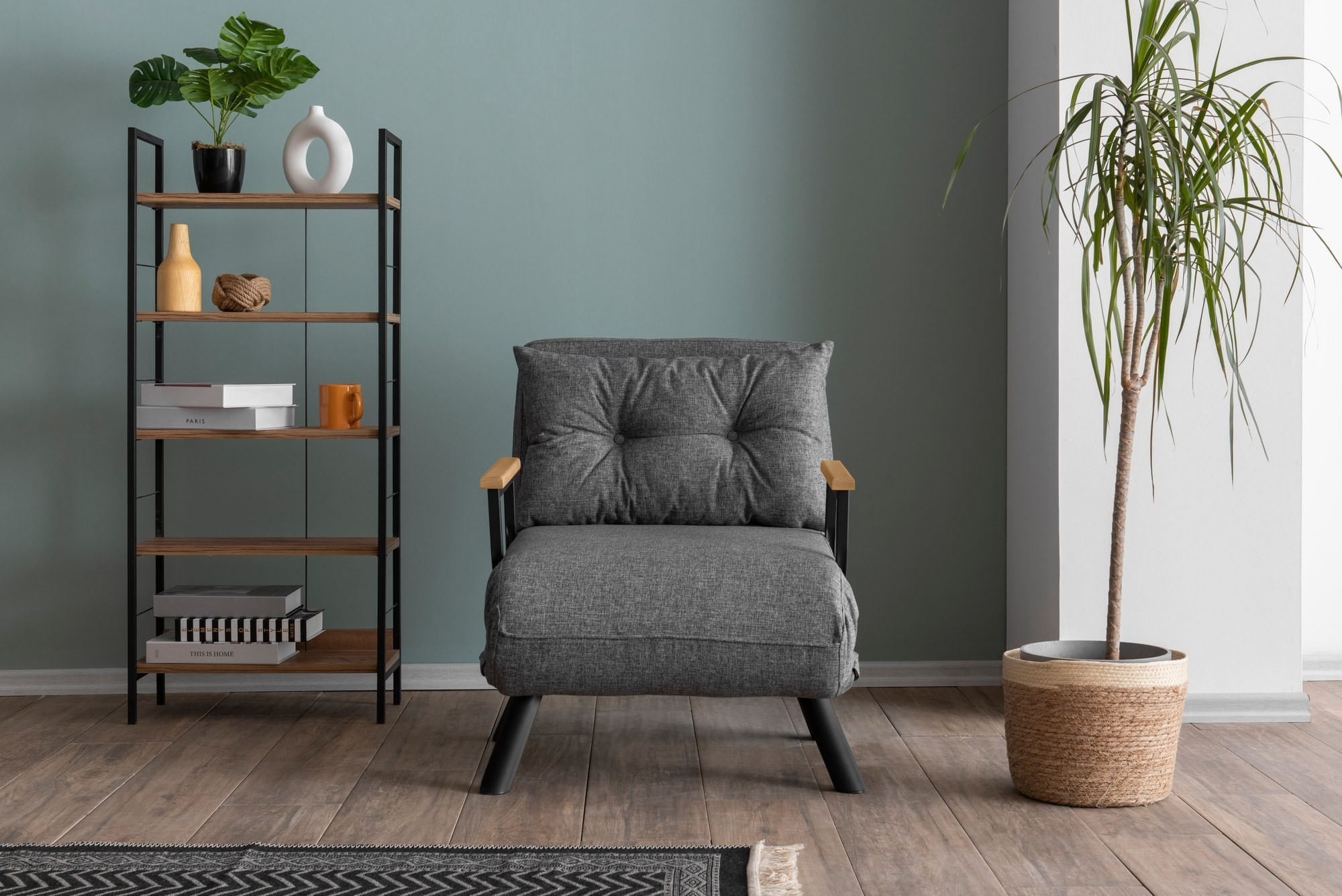 Canapea extensibila, Hanah Home, metal, stofa in, gri deschis, 175x60 cm — imaginea 5