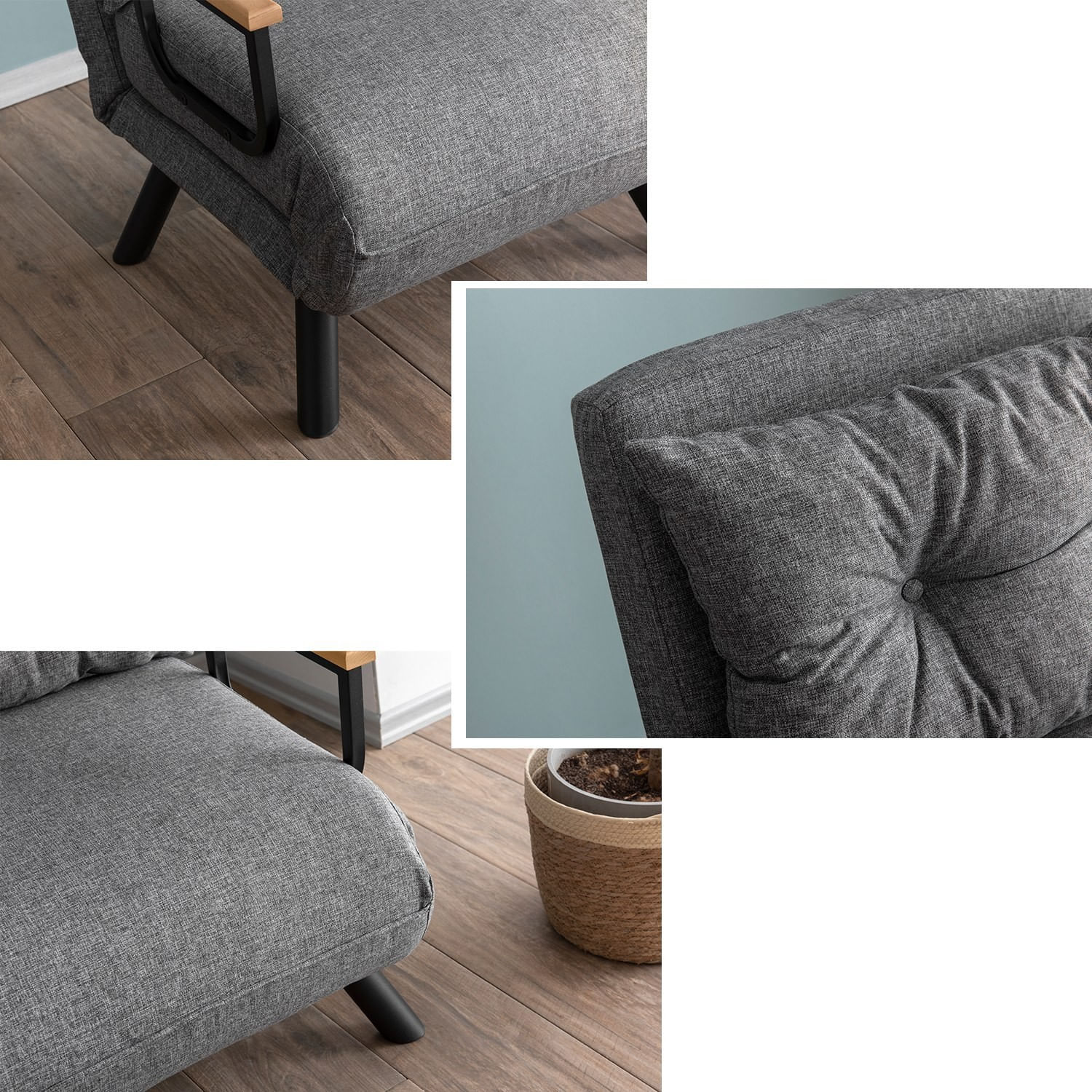 Canapea extensibila, Hanah Home, metal, stofa in, gri deschis, 175x60 cm — imaginea 9