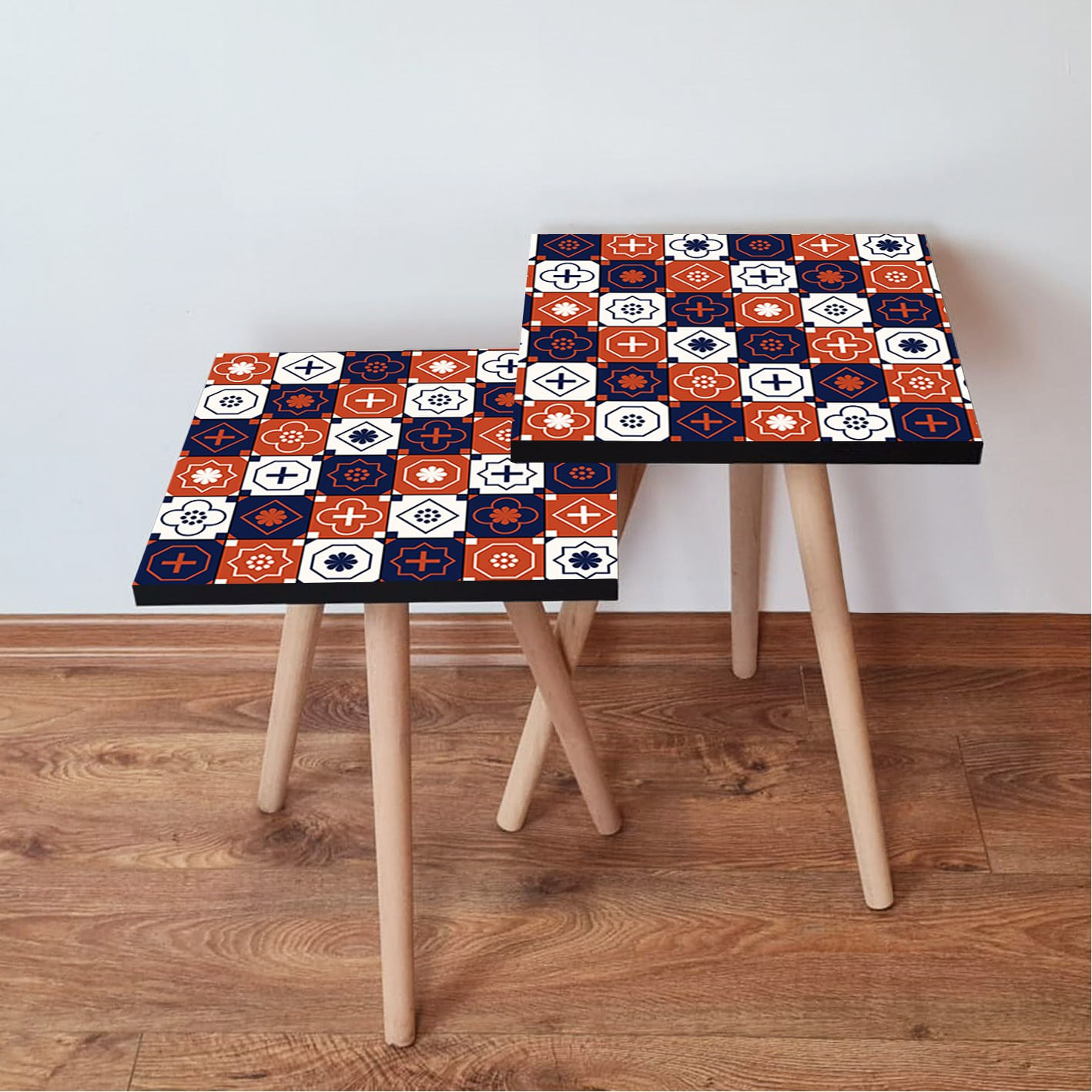 Set masute de cafea, Hanah Home, mdf, albastru marin, portocaliu, alb, 35x35x47 cm