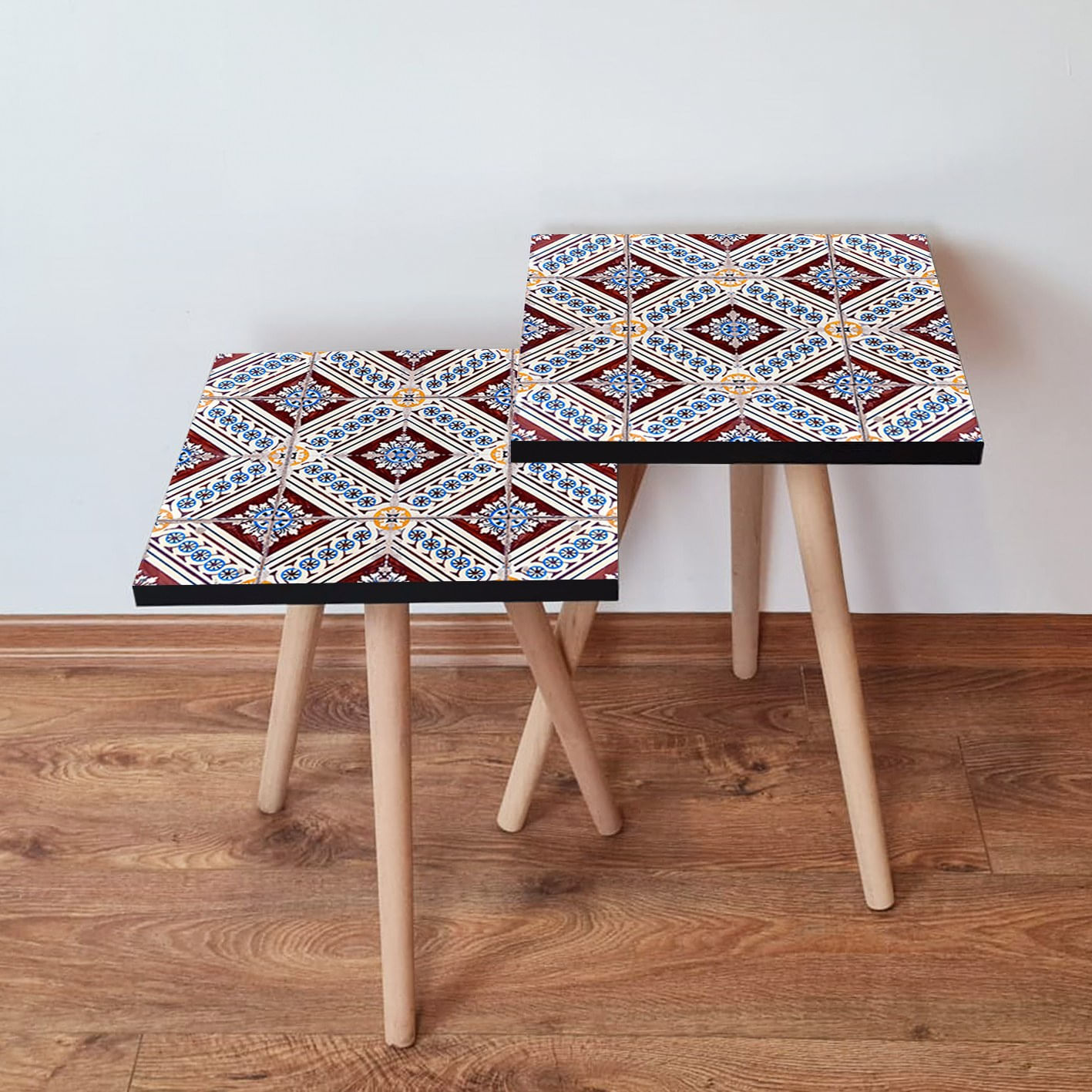 Set masute de cafea, Hanah Home, mdf, albastru marin rosu alb, 35x35x47 cm