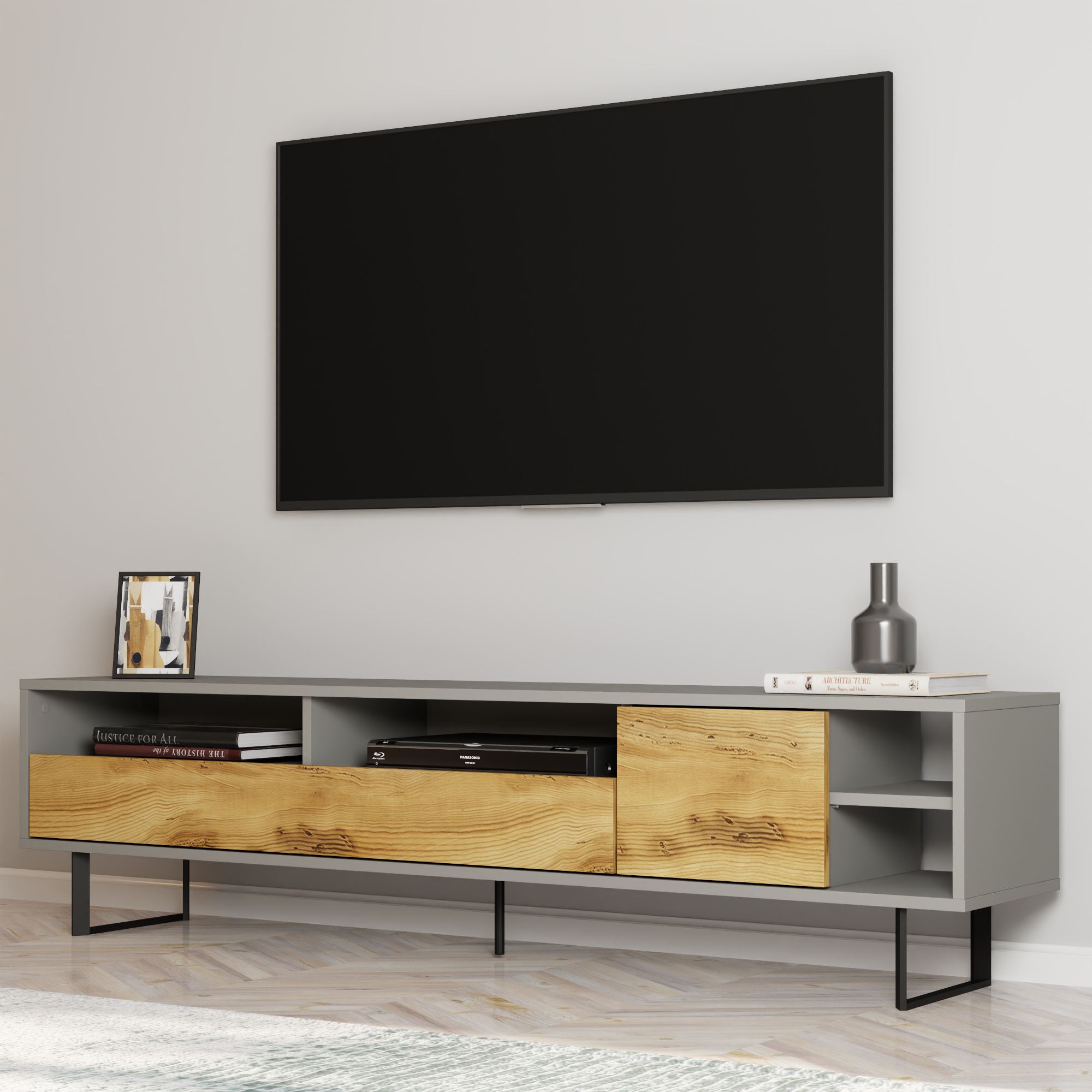 Comoda tv, Hanah Home, pal melaminat, gri si stejar, 180x44.7x29.8 cm — imaginea 2