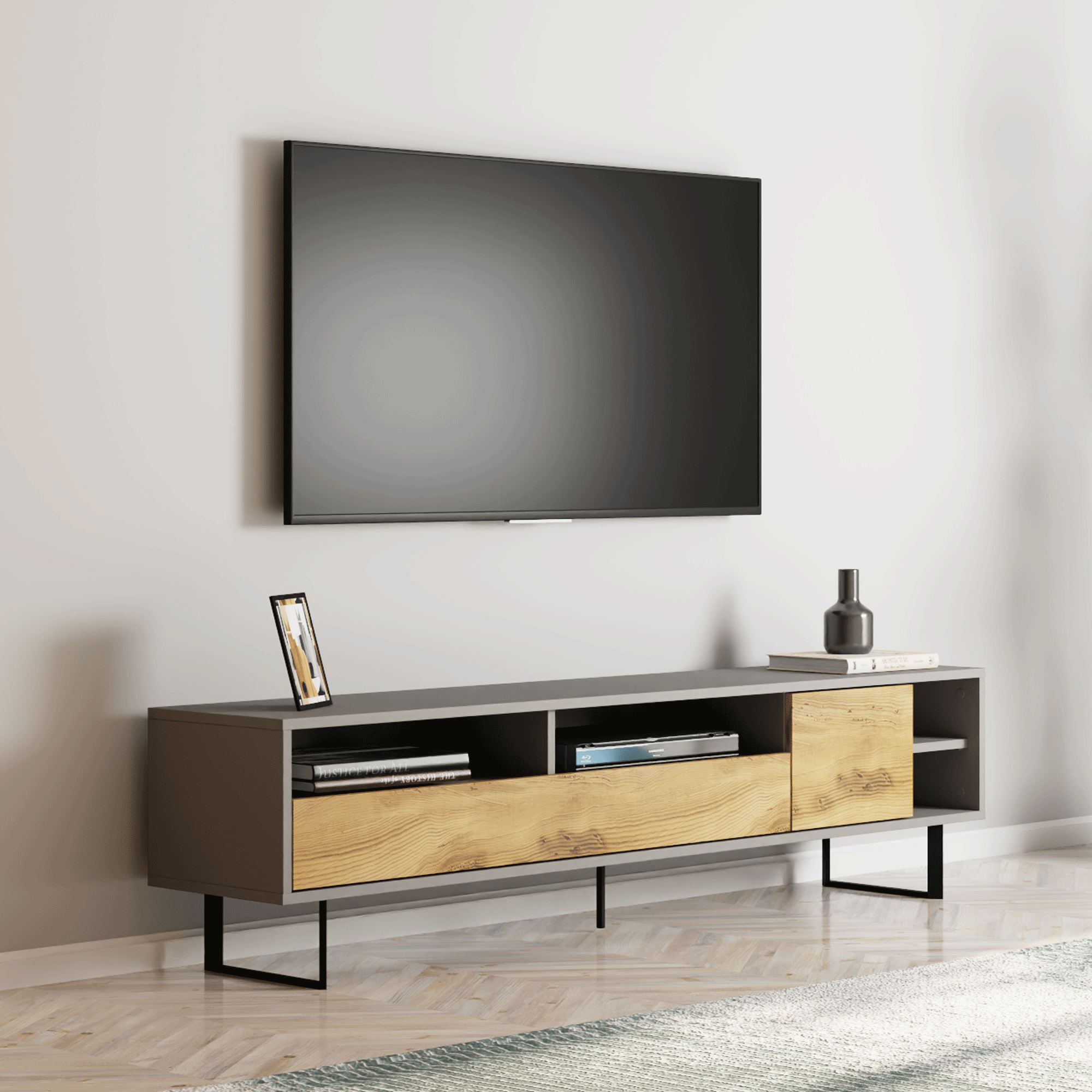 Comoda tv, Hanah Home, pal melaminat, gri si stejar, 180x44.7x29.8 cm — imaginea 3