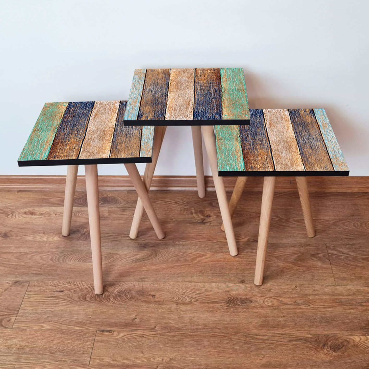Set masute de cafea, Hanah Home, mdf, verde, albastru marin, maro, bej, picioare lemn fag, 35x35x52 cm