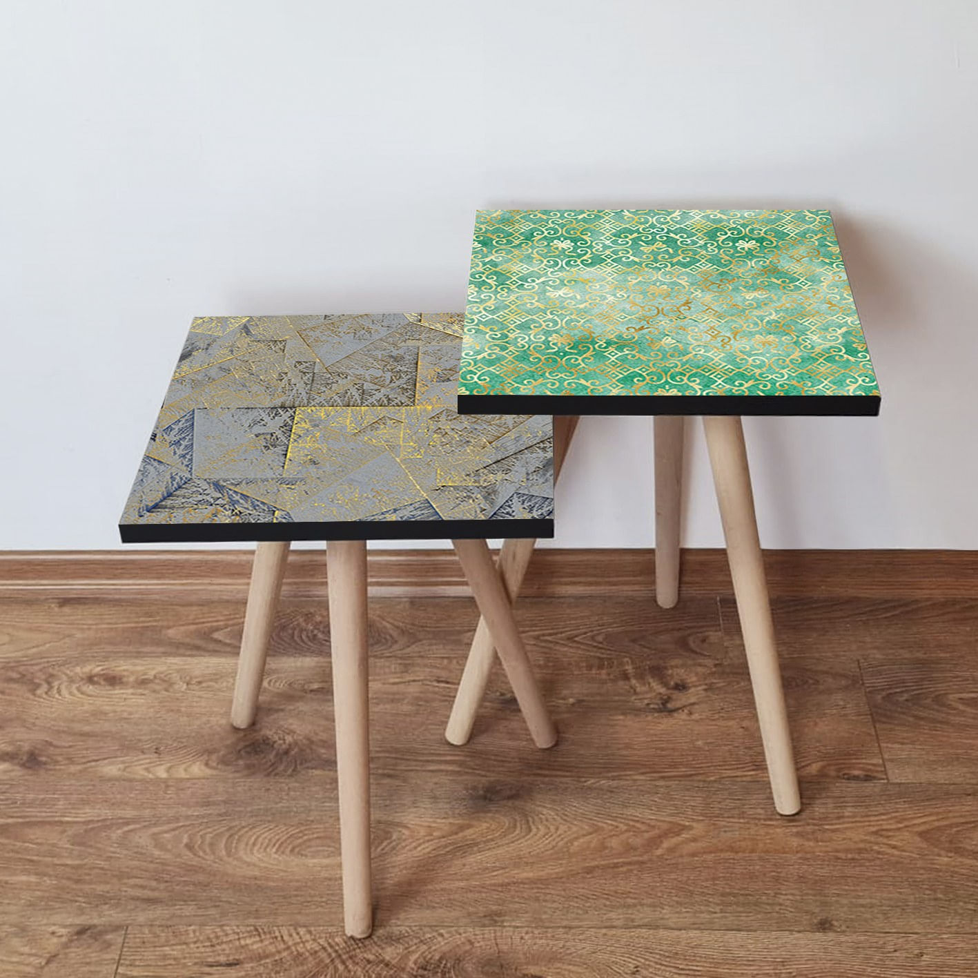 Set masute de cafea, Hanah Home, mdf, gri verde auriu, 35x35x47 cm