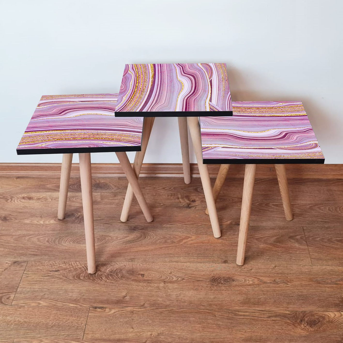 Set masute cuib, Hanah Home, mdf, roz alb auriu, 35x35x52 cm