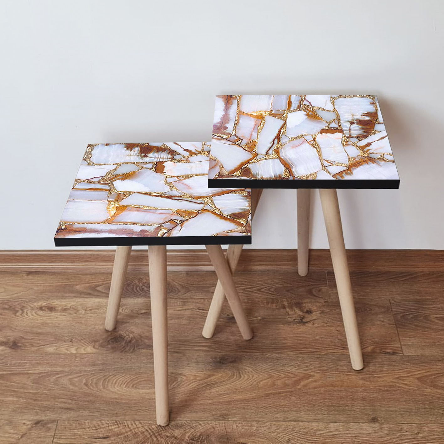 Set masute cuib, Hanah Home, mdf, alb auriu maro, 35x35x47 cm